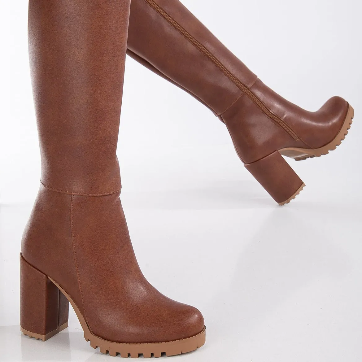 Alize - Cognac Brown Wide Calf Platform Boots