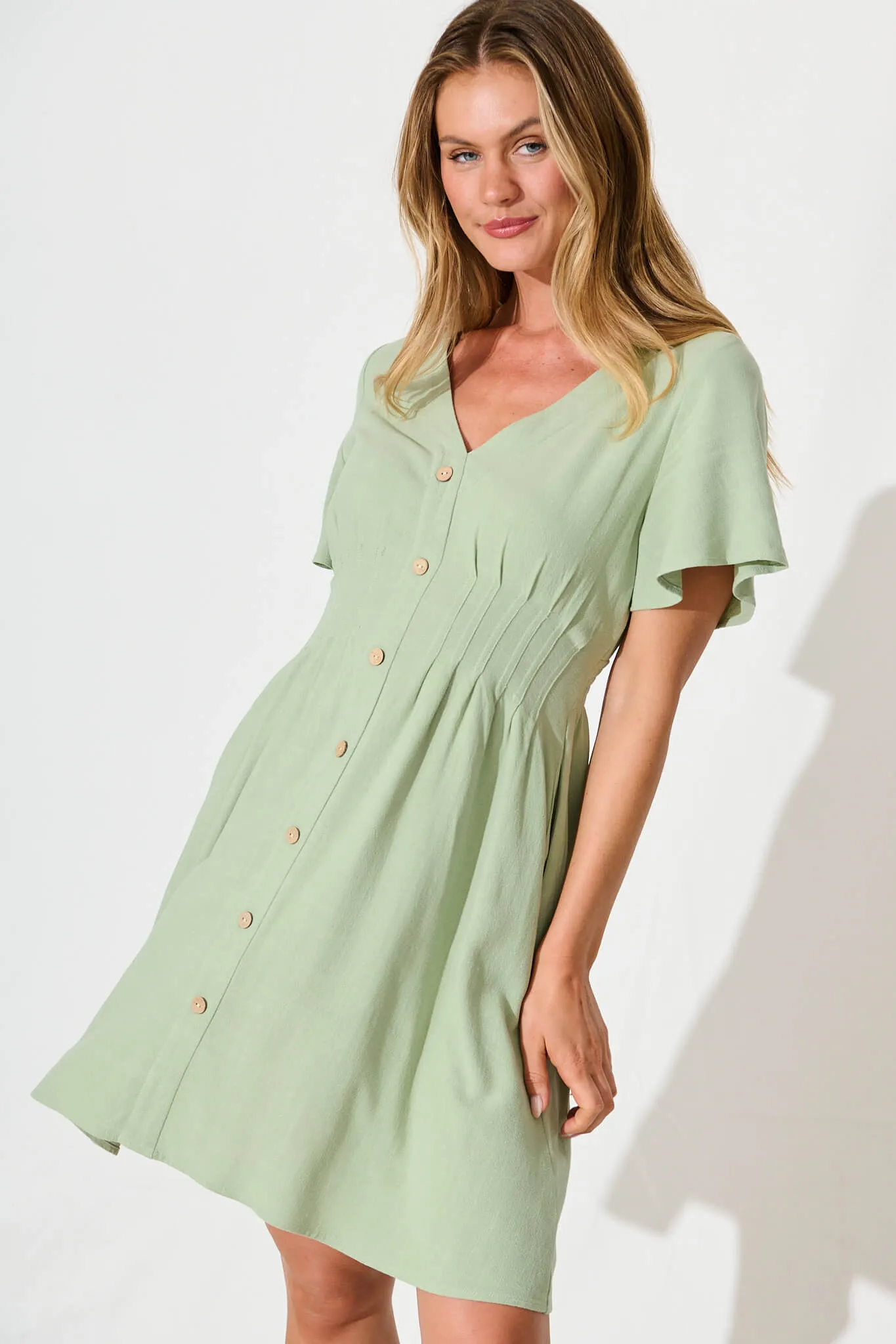 Amaya Dress in Pale Green Linen Blend
