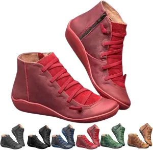 Ankle Boots for Women Arch Support Womens Low Heel Fashion Lace Up Zipper Booties Slip On Vintage Leather Ladies Sneaker Casual Walking Short Bootie Fall Winter Outdoor Flat Roman Wide Width Shoes