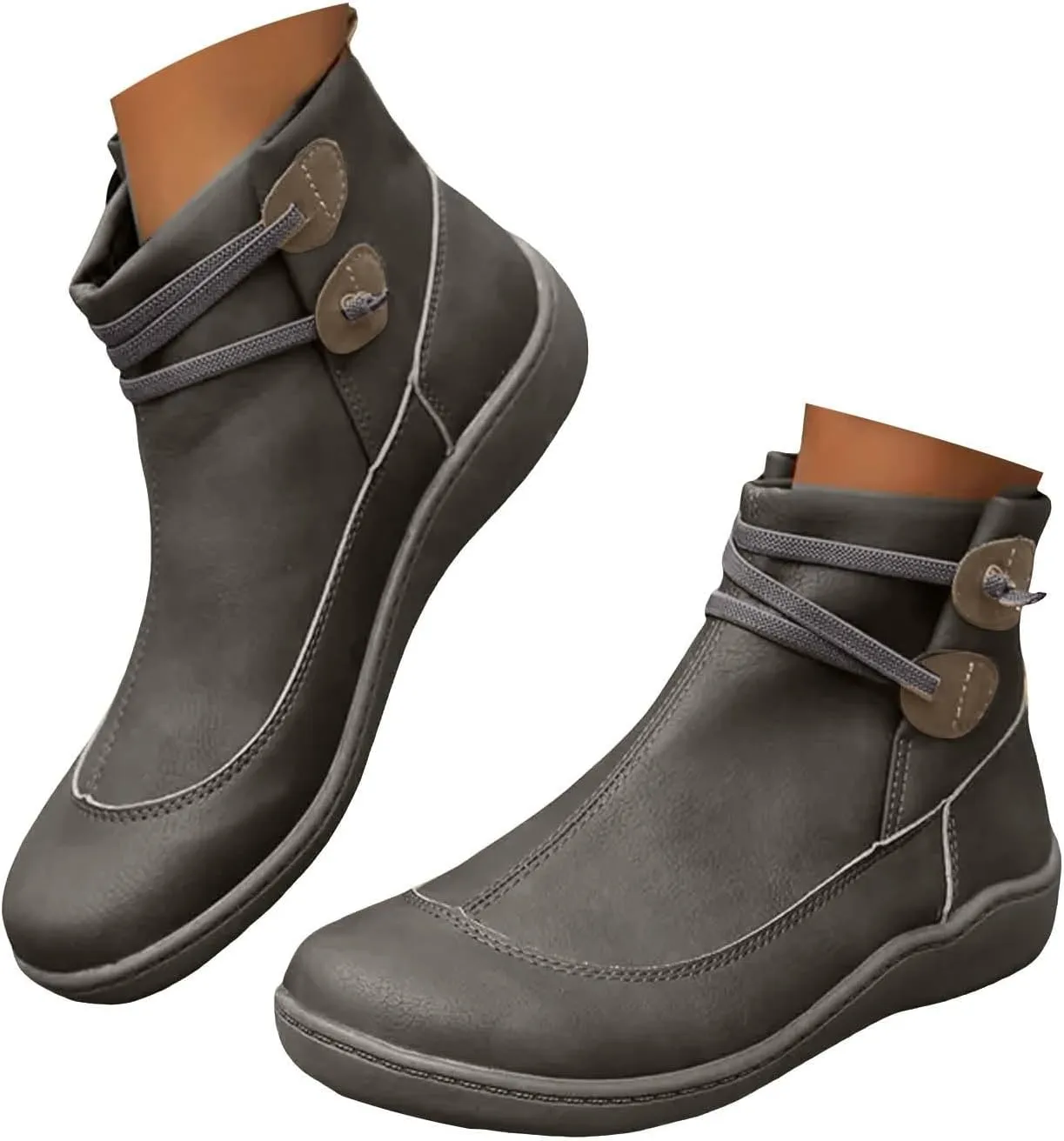 Ankle Boots for Women, Comfortable Casual Round Toe Lace-Up Damping Flat Boots Vintage Waterproof Walking Fall Boots