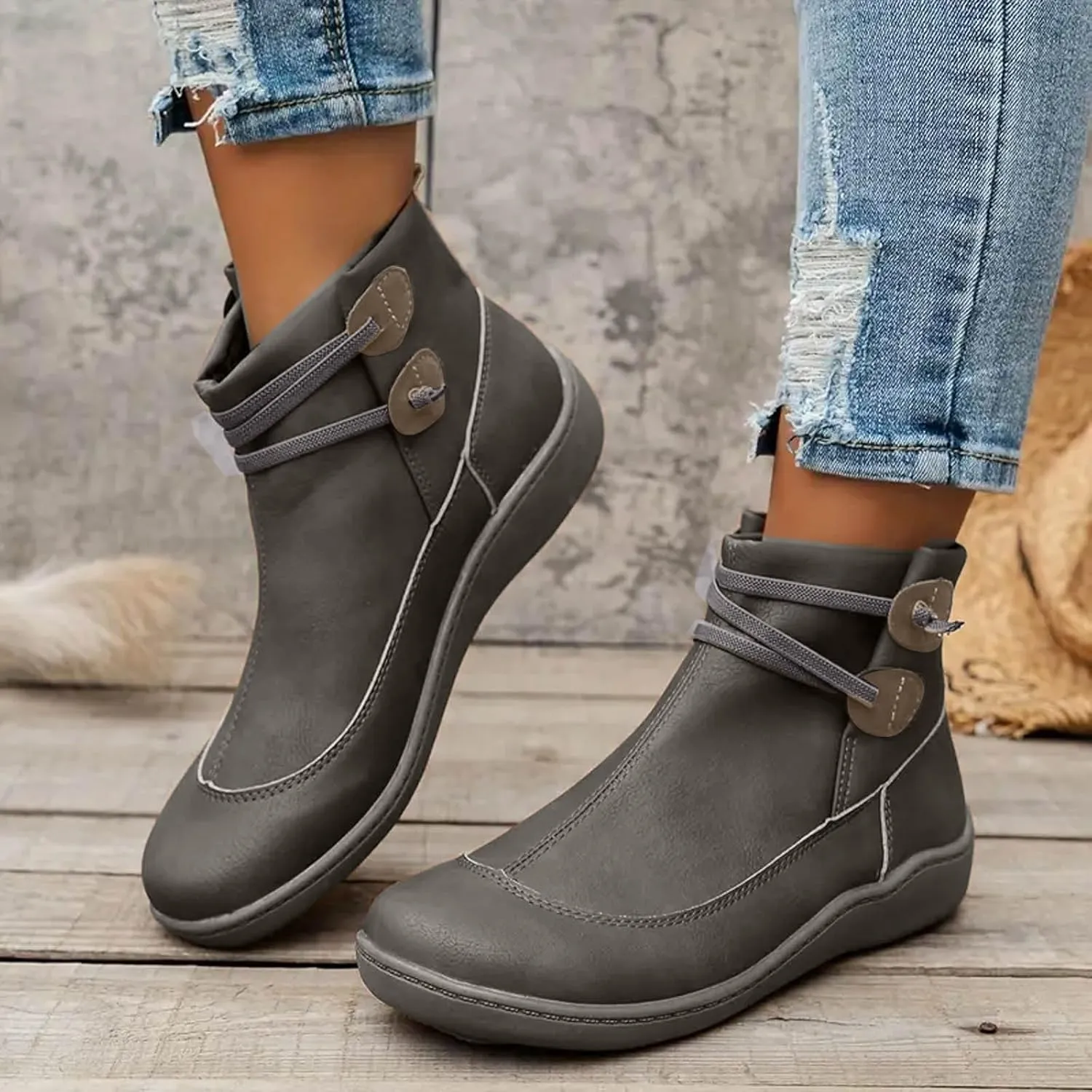 Ankle Boots for Women, Comfortable Casual Round Toe Lace-Up Damping Flat Boots Vintage Waterproof Walking Fall Boots