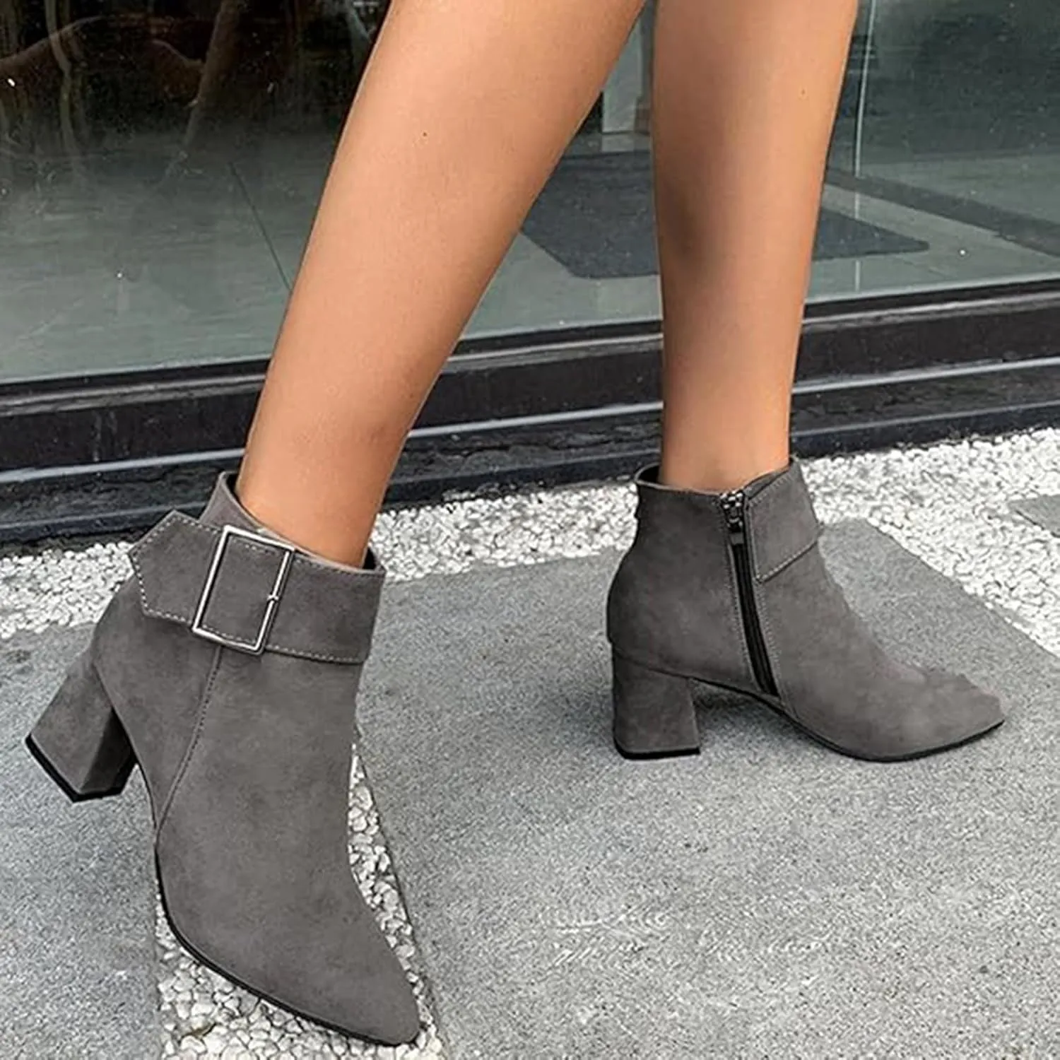 Ankle Boots for Women, Metal Buckle Pointed Toe Suede Chunky Block High Heels Ankle Boots With Side Zip Short Boots