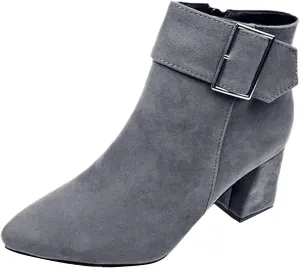 Ankle Boots for Women, Metal Buckle Pointed Toe Suede Chunky Block High Heels Ankle Boots With Side Zip Short Boots