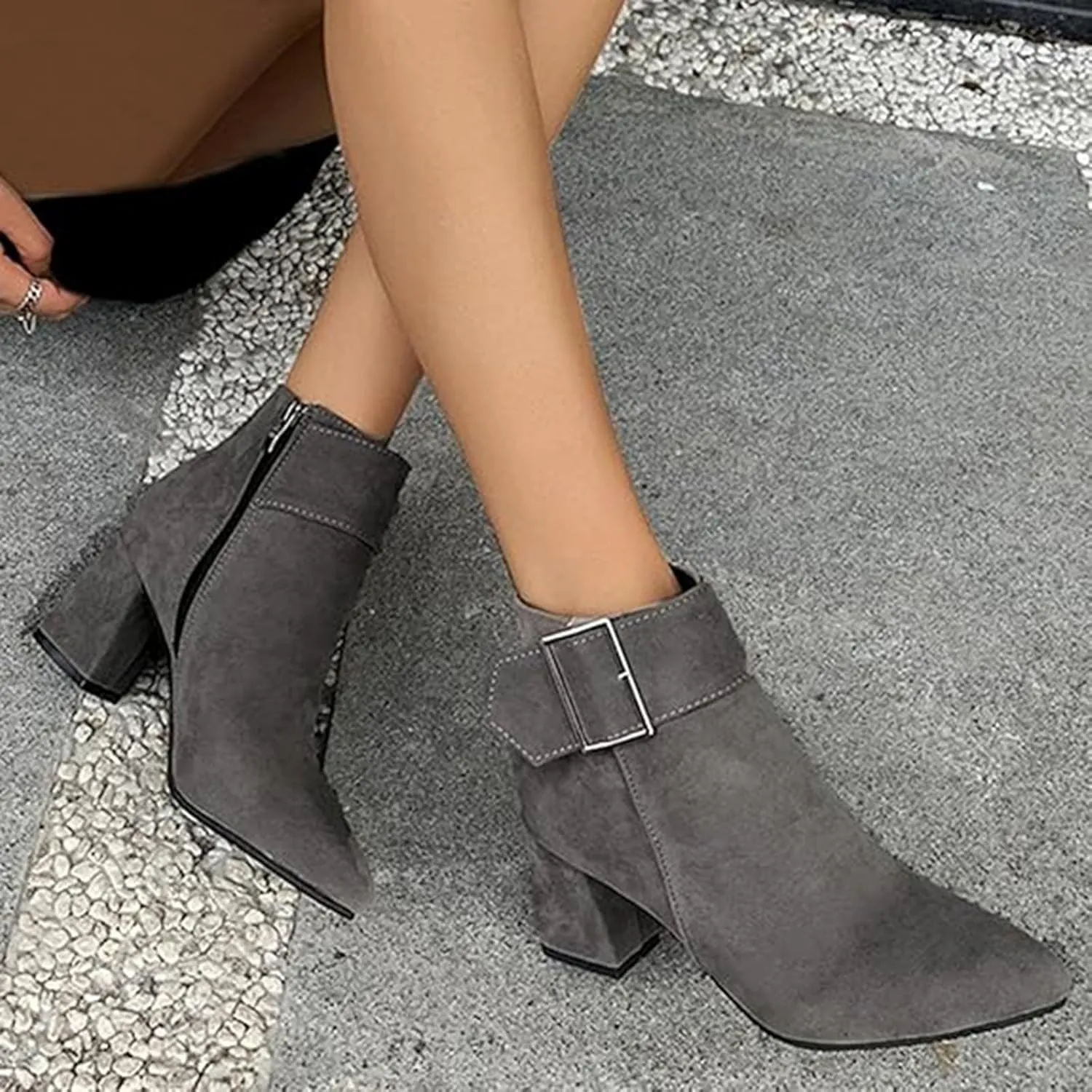 Ankle Boots for Women, Metal Buckle Pointed Toe Suede Chunky Block High Heels Ankle Boots With Side Zip Short Boots