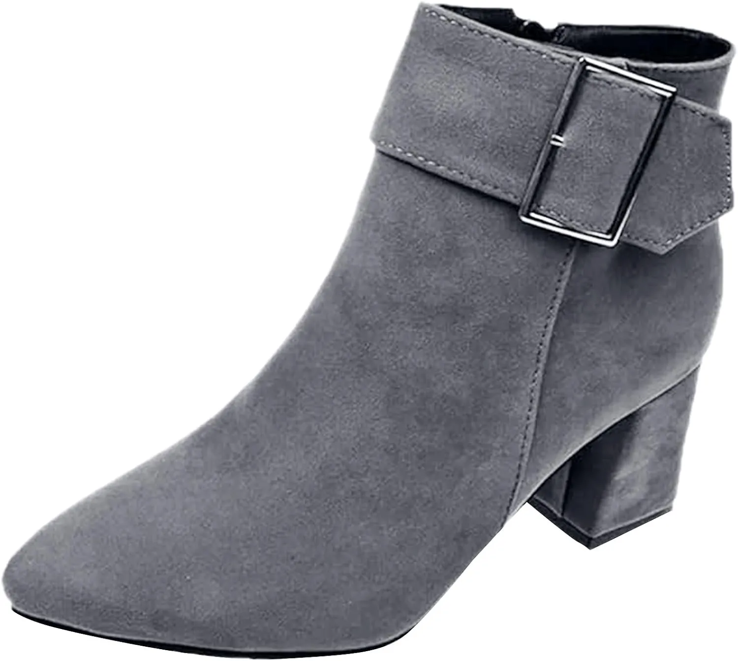 Ankle Boots for Women, Metal Buckle Pointed Toe Suede Chunky Block High Heels Ankle Boots With Side Zip Short Boots