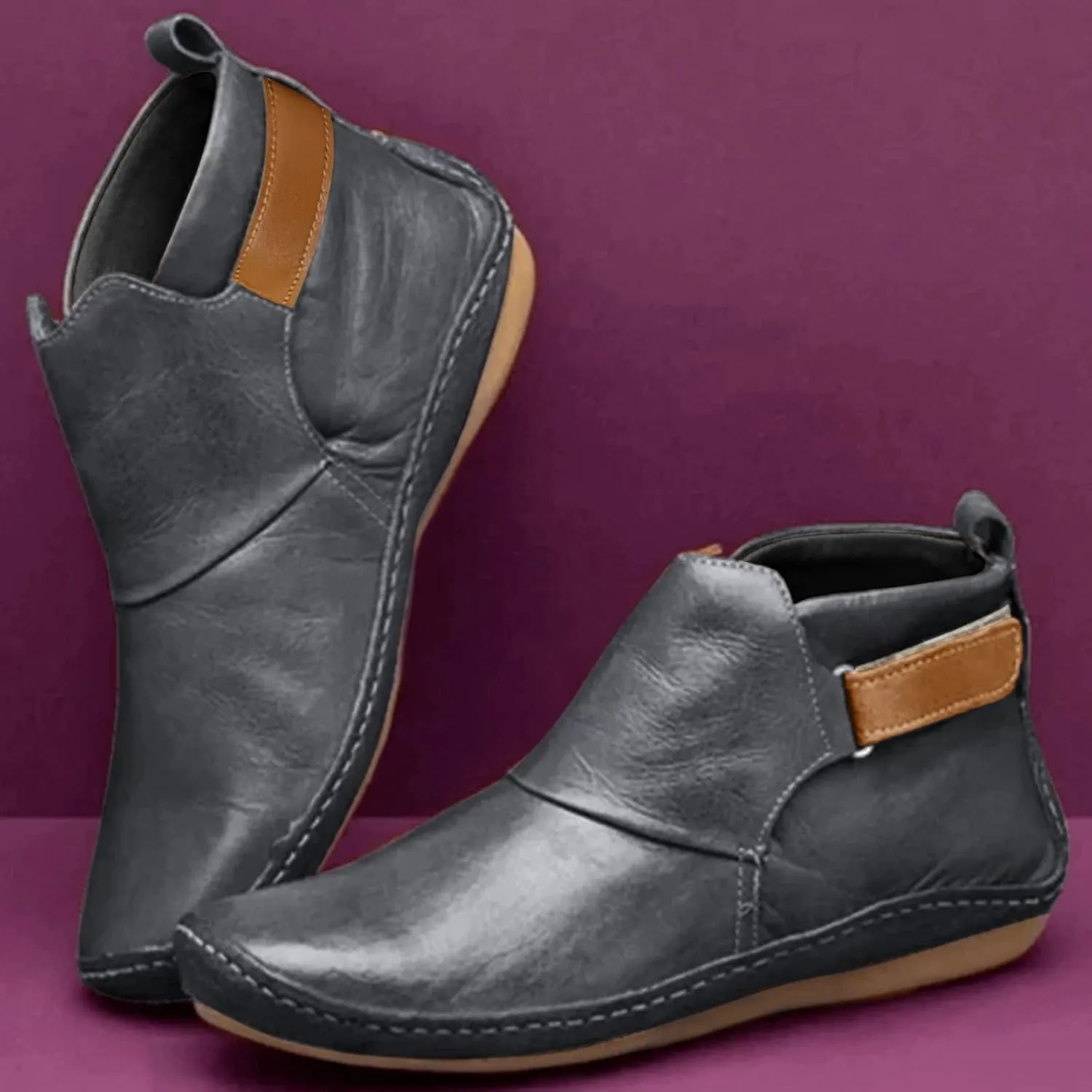 Ankle Boots for Women Side Zipper Flat Heel Booties Vintage Leather Damping Boots No Heel Arch Support Booties