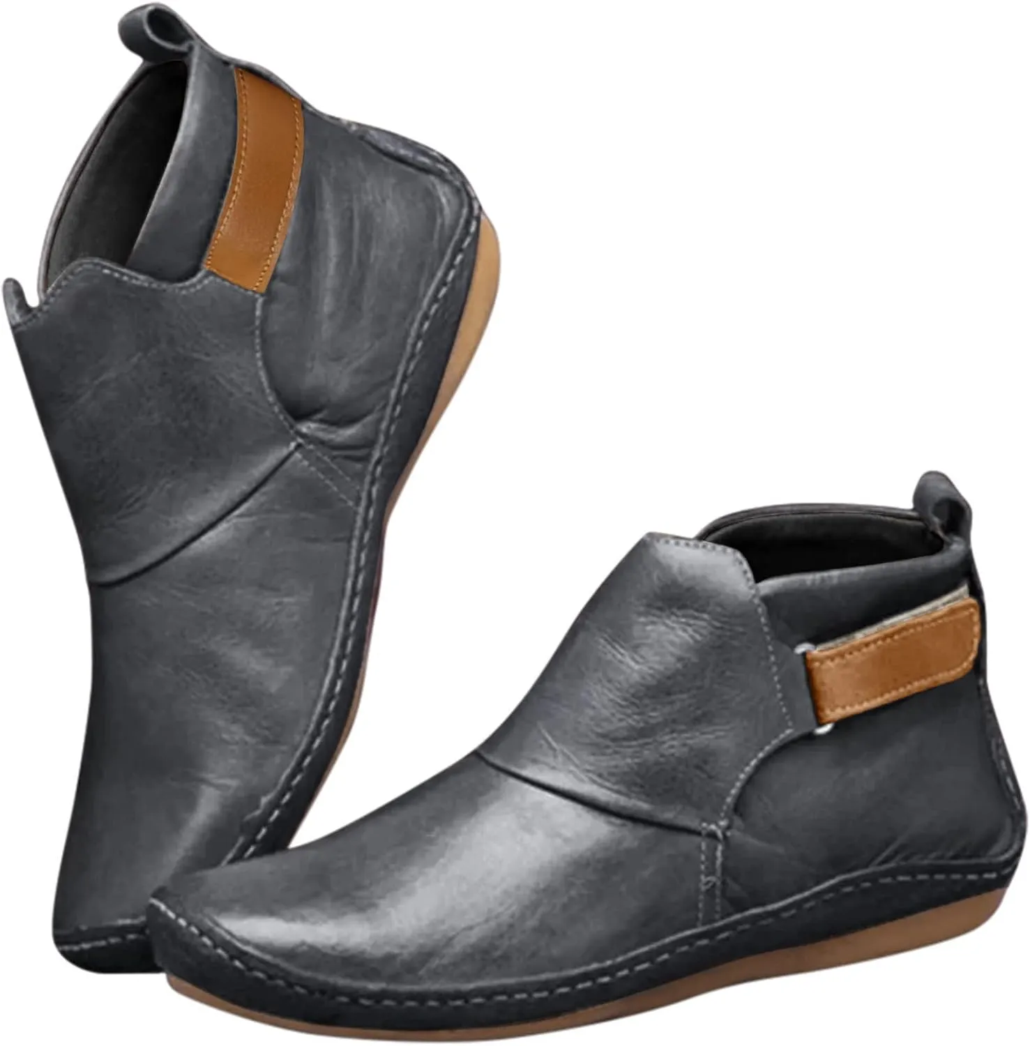Ankle Boots for Women Side Zipper Flat Heel Booties Vintage Leather Damping Boots No Heel Arch Support Booties