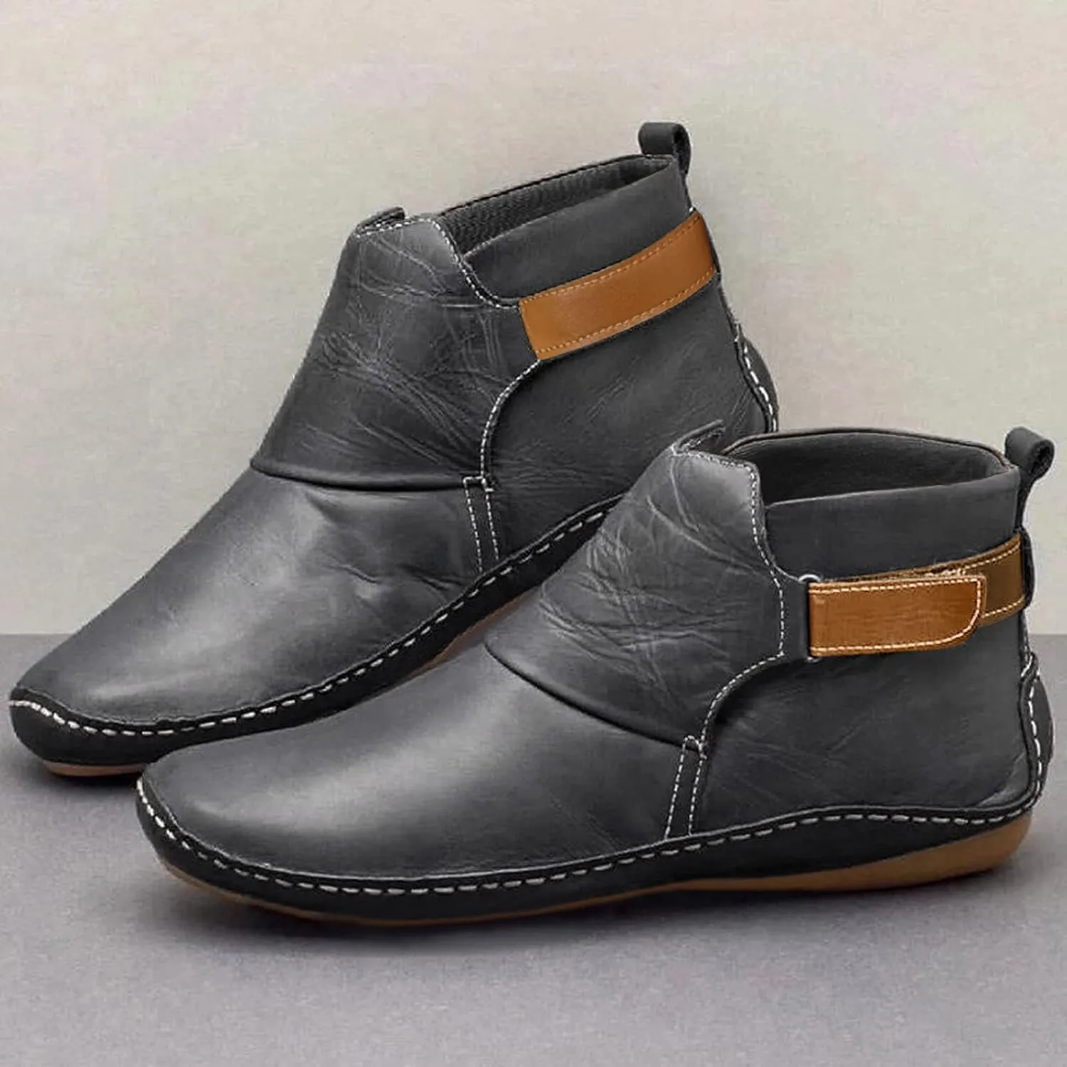 Ankle Boots for Women Side Zipper Flat Heel Booties Vintage Leather Damping Boots No Heel Arch Support Booties