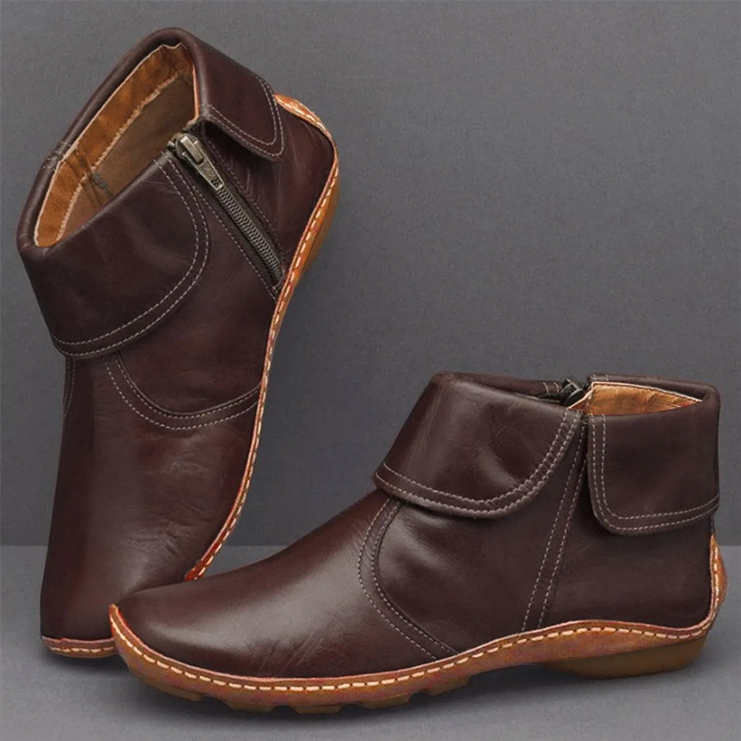 Ankle Boots for Women Side Zipper Vintage Leather Boots No Heel Arch Support Booties Flat Heel Casual Booties