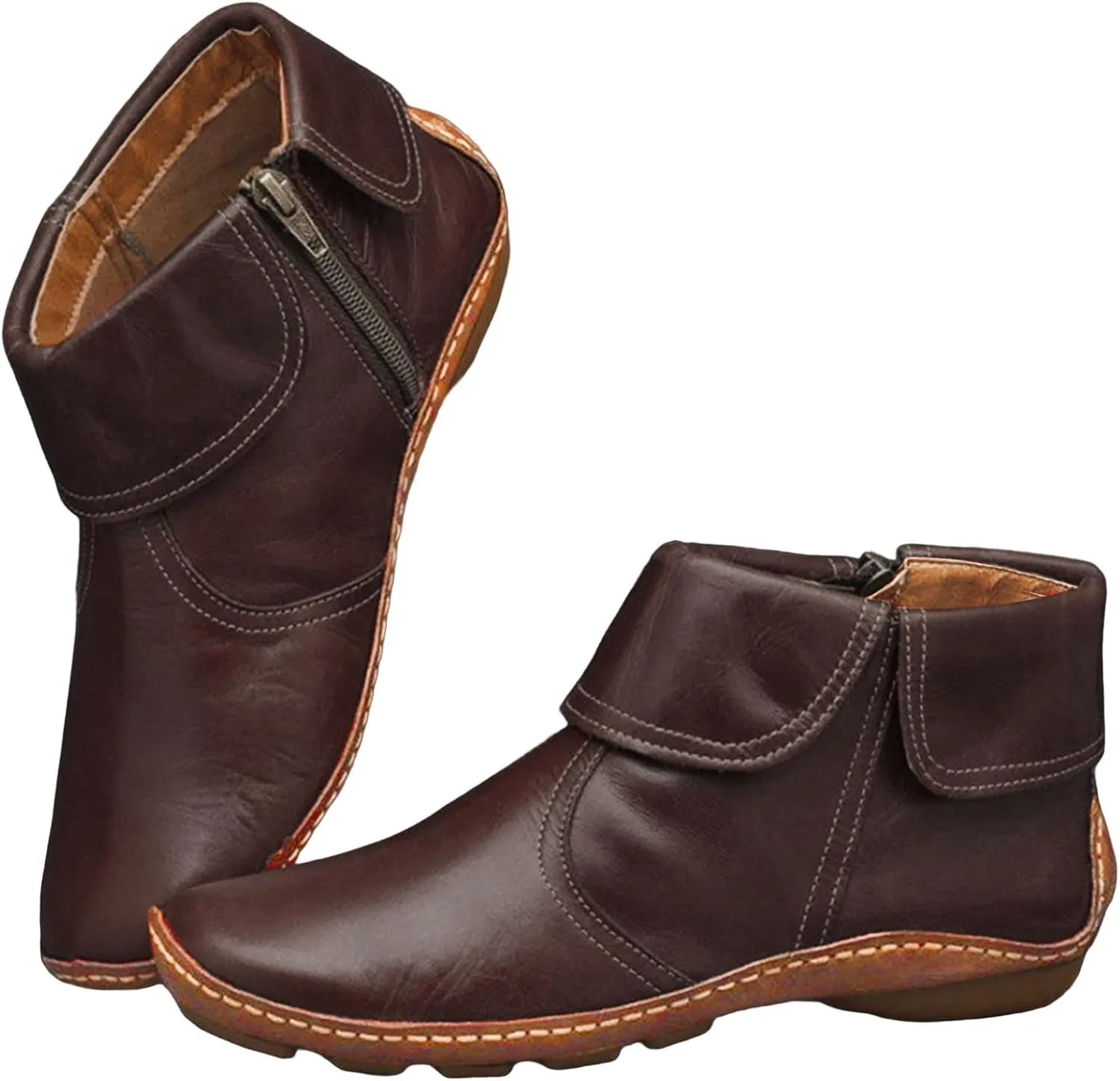 Ankle Boots for Women Side Zipper Vintage Leather Boots No Heel Arch Support Booties Flat Heel Casual Booties