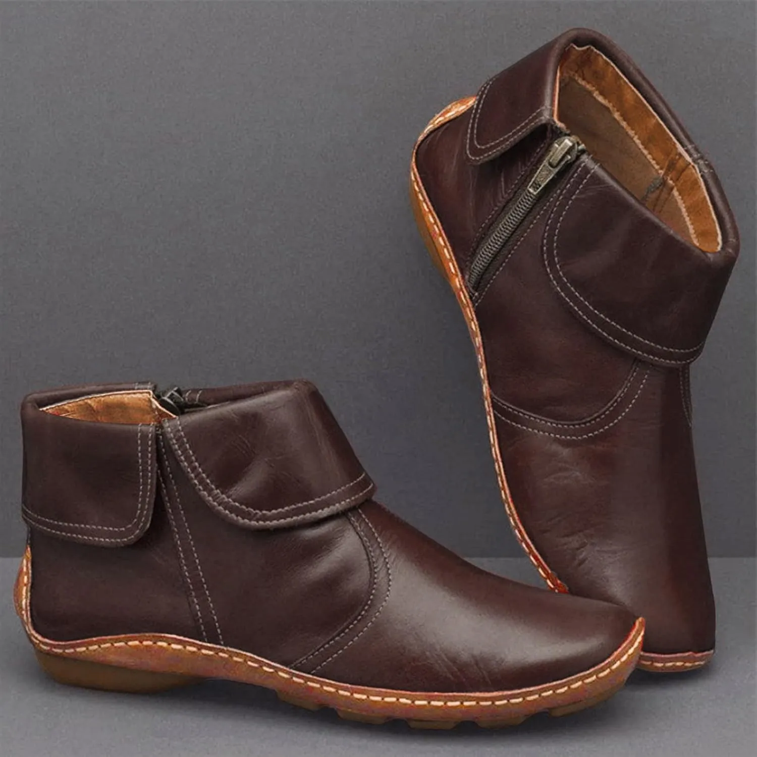 Ankle Boots for Women Side Zipper Vintage Leather Boots No Heel Arch Support Booties Flat Heel Casual Booties