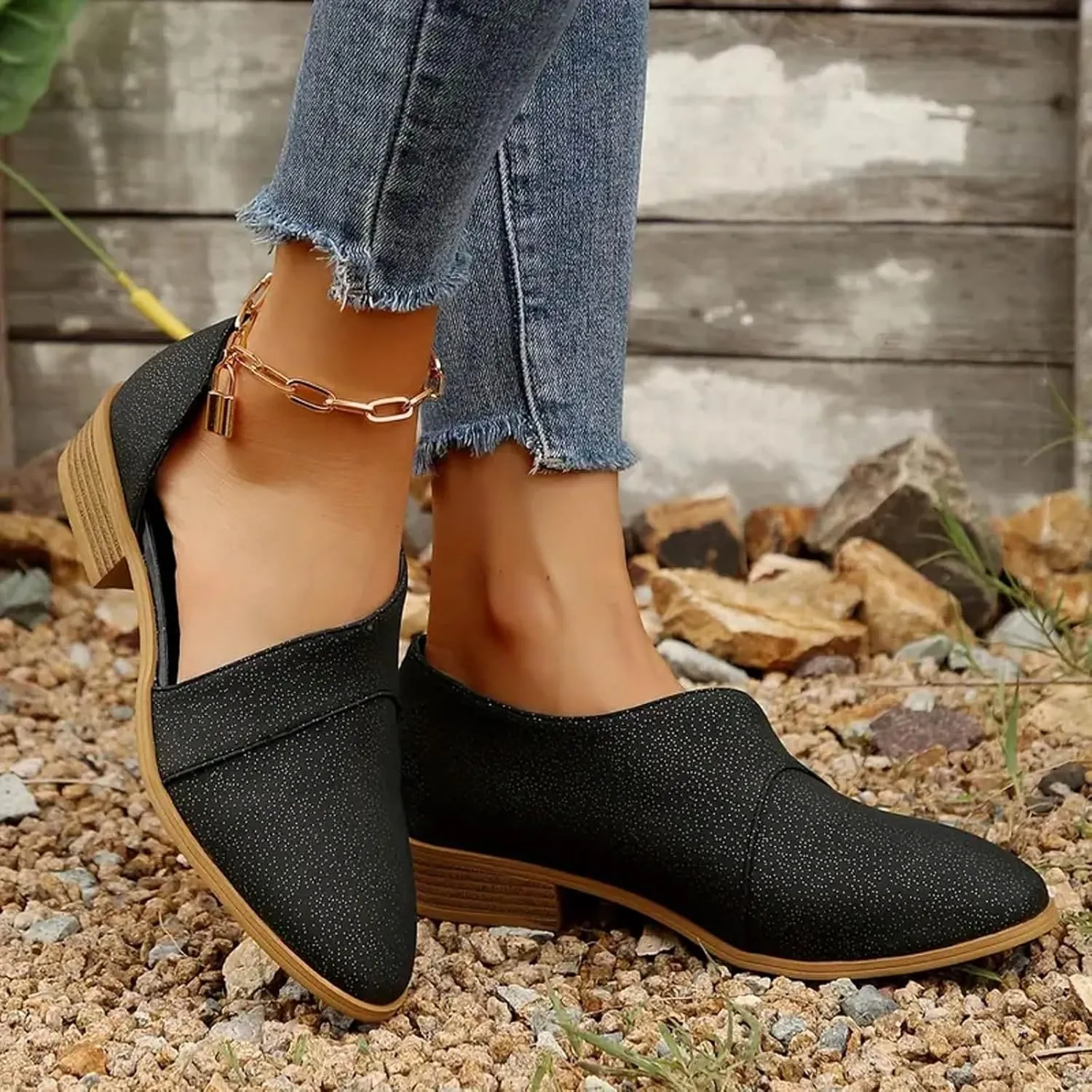 Ankle Boots for Women, Women Fashion Pointed Side Hollowed Out Low Heel Deep Cut Pointed Boots Slip On Low Ankle Boots