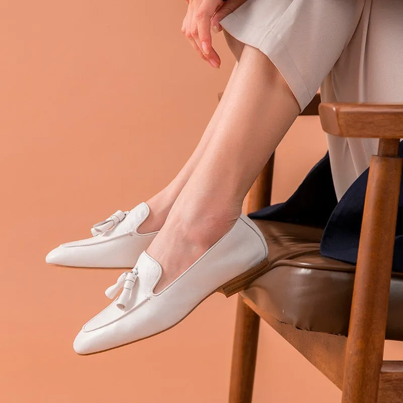 Autumn Casual Women's Cow Leather Square Toe Fringes Flats Slip-on Loafers