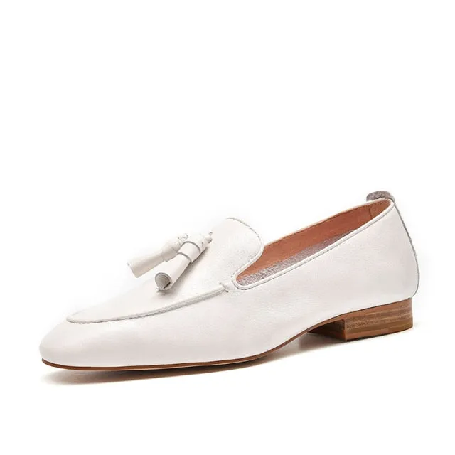 Autumn Casual Women's Cow Leather Square Toe Fringes Flats Slip-on Loafers