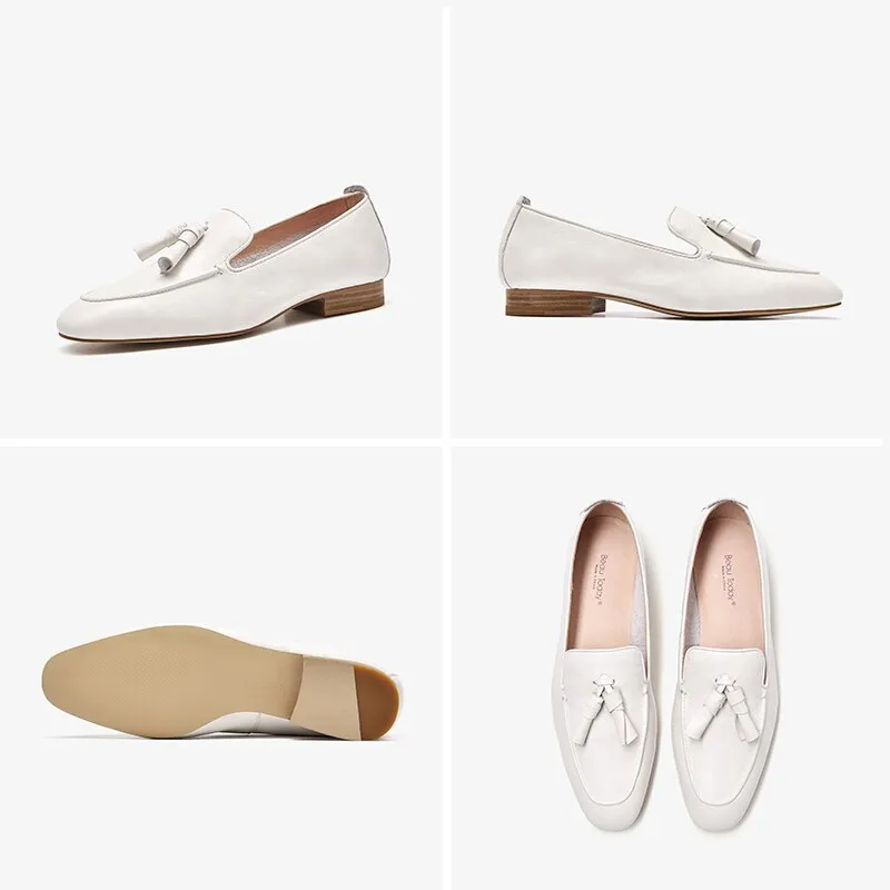 Autumn Casual Women's Cow Leather Square Toe Fringes Flats Slip-on Loafers