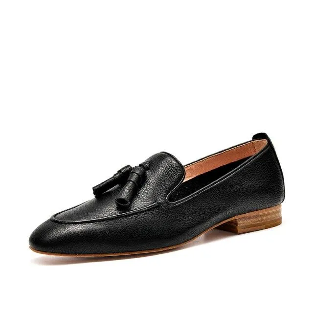 Autumn Casual Women's Cow Leather Square Toe Fringes Flats Slip-on Loafers