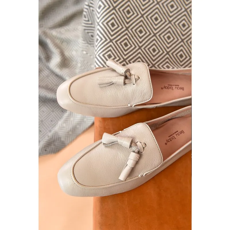 Autumn Casual Women's Cow Leather Square Toe Fringes Flats Slip-on Loafers