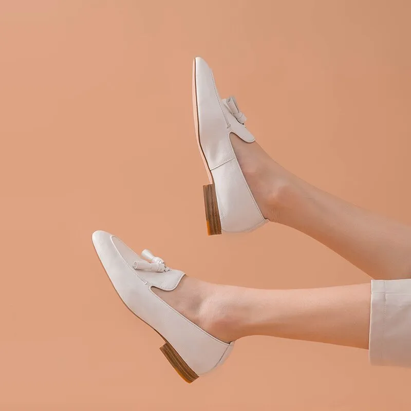 Autumn Casual Women's Cow Leather Square Toe Fringes Flats Slip-on Loafers