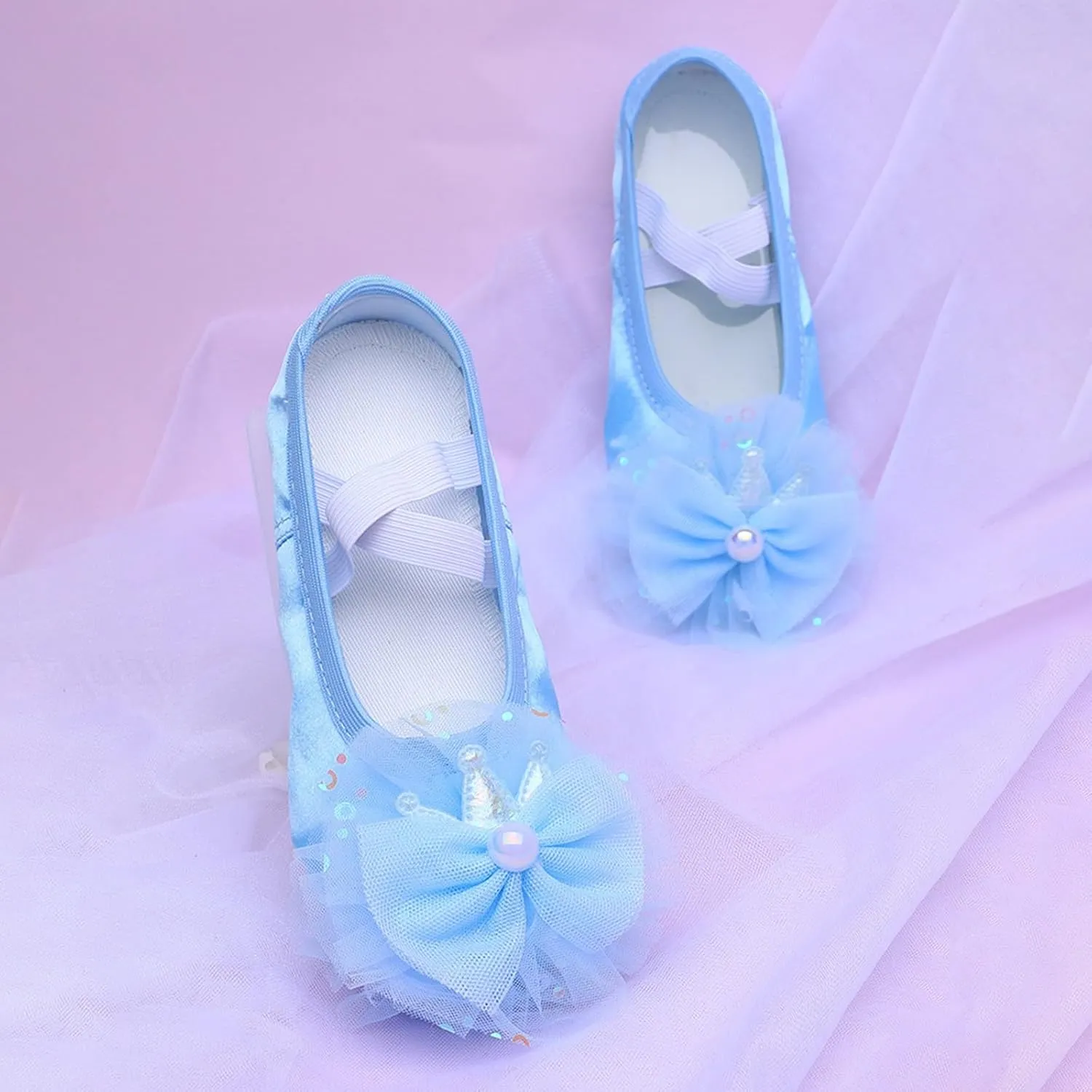Ballet Shoes for Girls Cute Lace Mesh Bowknot Dance Slippers Toddler Kids Canvas Dancing Shoes with Elastic Straps