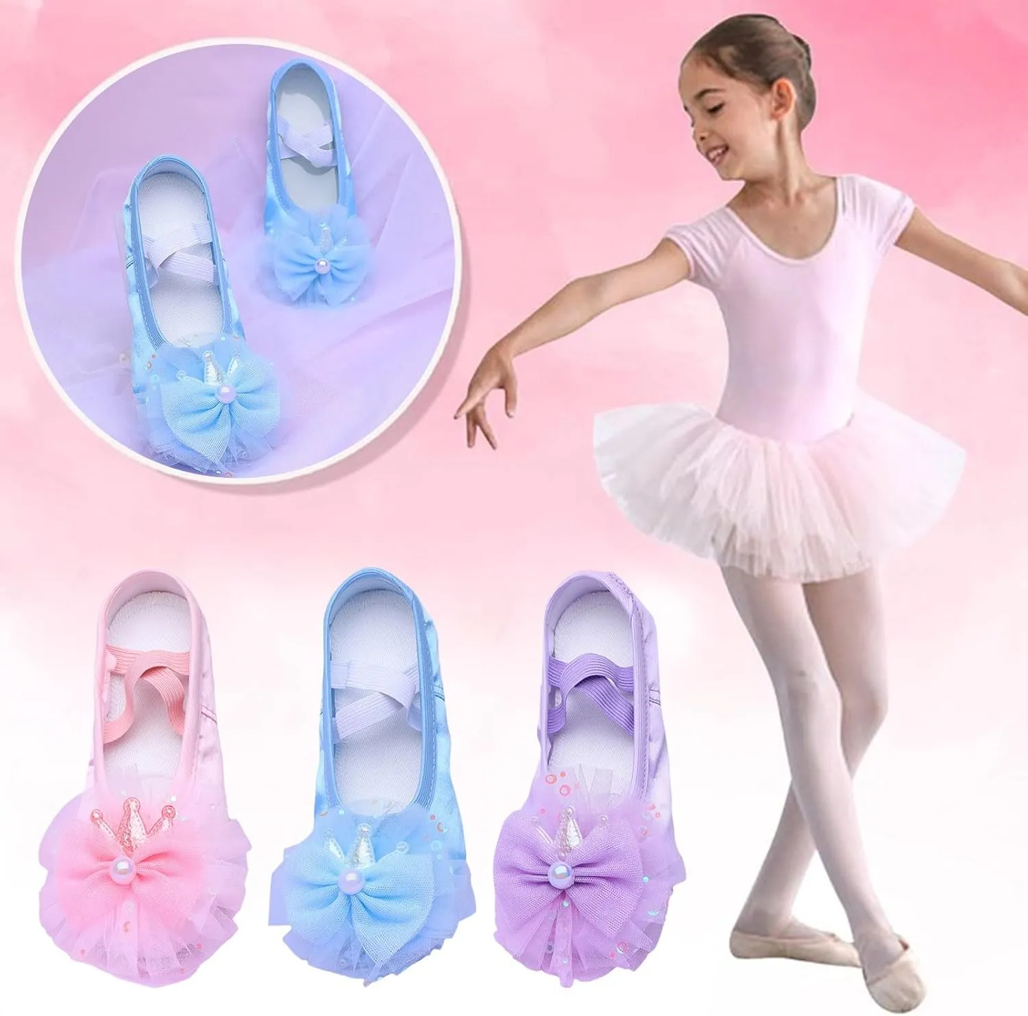 Ballet Shoes for Girls Cute Lace Mesh Bowknot Dance Slippers Toddler Kids Canvas Dancing Shoes with Elastic Straps