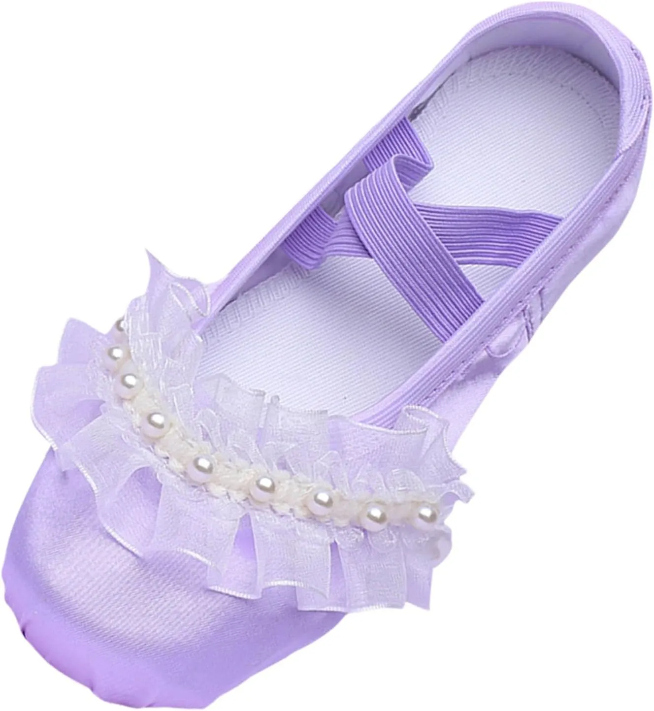 Ballet Shoes for Girls Elegant Pearl Lace Bowknot Dance Slippers Toddler Kids Canvas Dancing Shoes with Elastic Strap