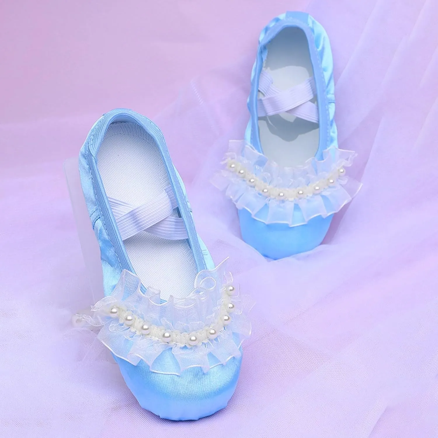 Ballet Shoes for Girls Elegant Pearl Lace Bowknot Dance Slippers Toddler Kids Canvas Dancing Shoes with Elastic Strap