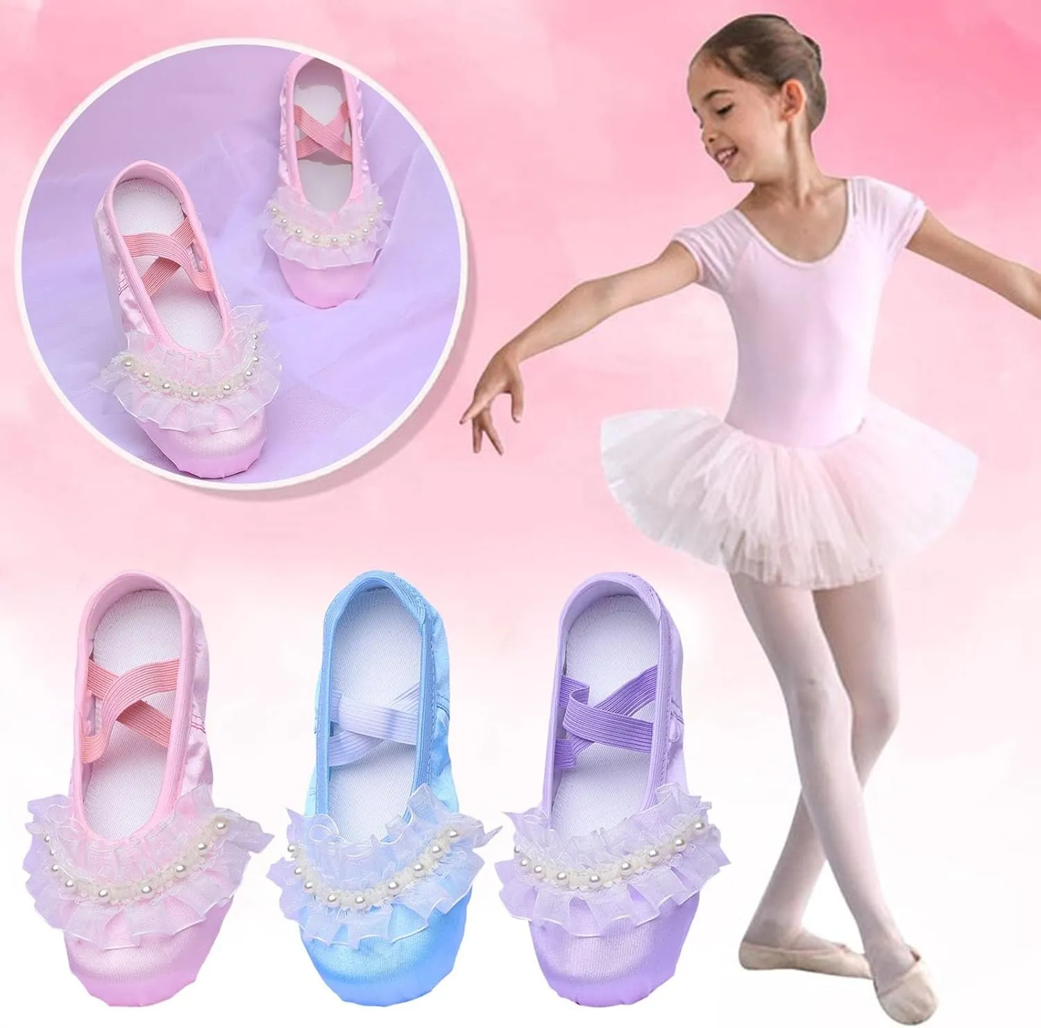 Ballet Shoes for Girls Elegant Pearl Lace Bowknot Dance Slippers Toddler Kids Canvas Dancing Shoes with Elastic Strap