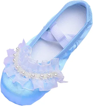 Ballet Shoes for Girls Elegant Pearl Lace Bowknot Dance Slippers Toddler Kids Canvas Dancing Shoes with Elastic Strap
