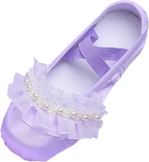 Ballet Shoes for Girls Elegant Pearl Lace Bowknot Dance Slippers Toddler Kids Canvas Dancing Shoes with Elastic Strap