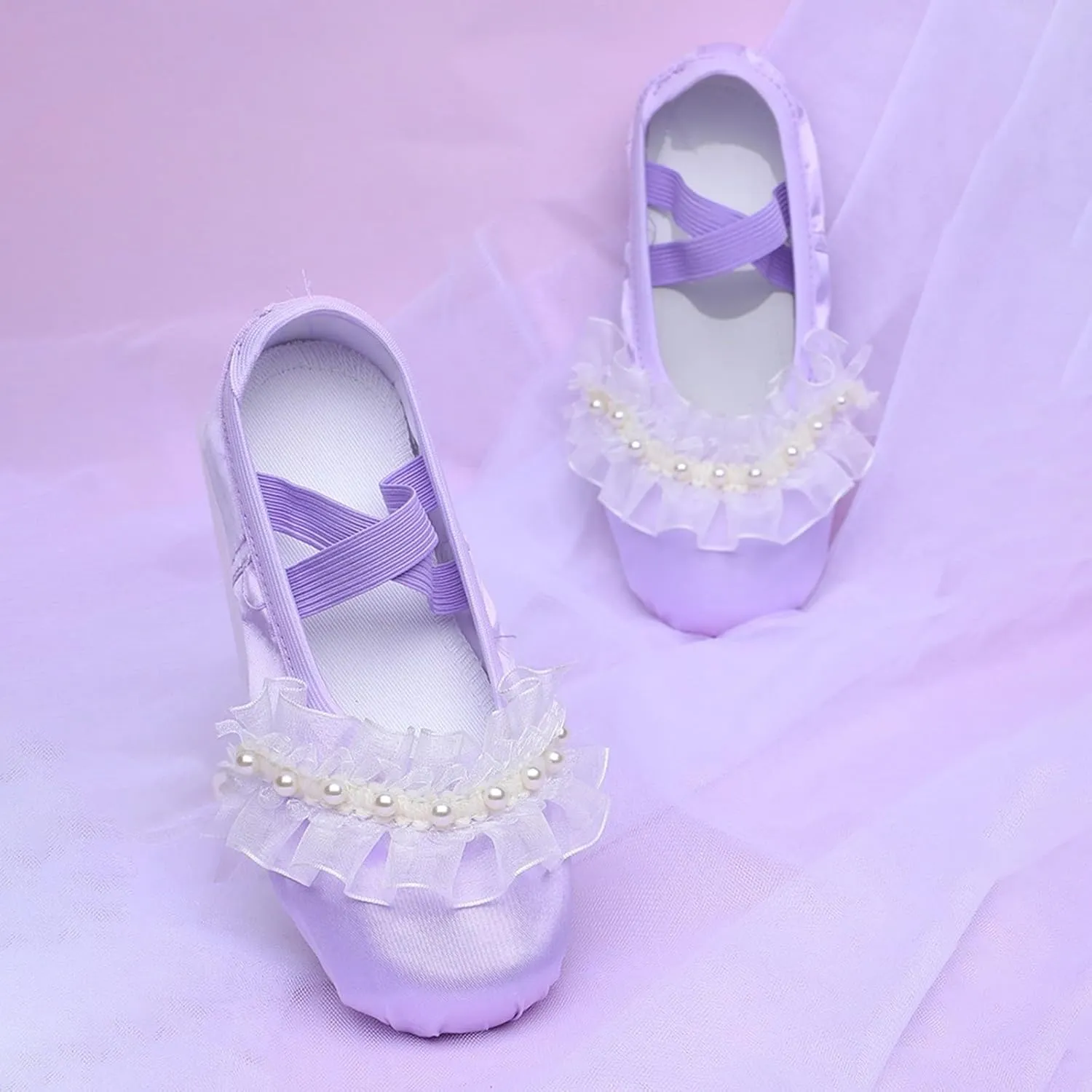 Ballet Shoes for Girls Elegant Pearl Lace Bowknot Dance Slippers Toddler Kids Canvas Dancing Shoes with Elastic Strap