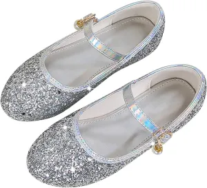 Big Kids Girls Glitter Sequins Mary Jane Shoes, Toddler Girls Flat Bottom Dress Shoes for Wedding Party Shoes