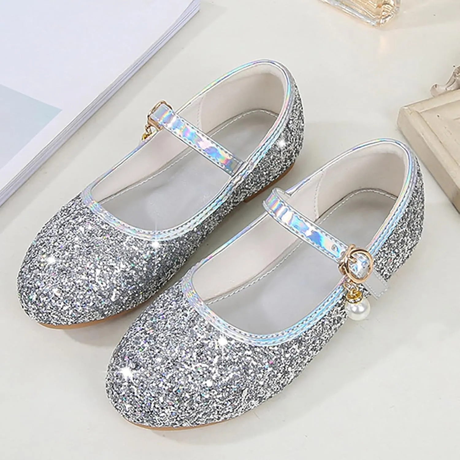 Big Kids Girls Glitter Sequins Mary Jane Shoes, Toddler Girls Flat Bottom Dress Shoes for Wedding Party Shoes