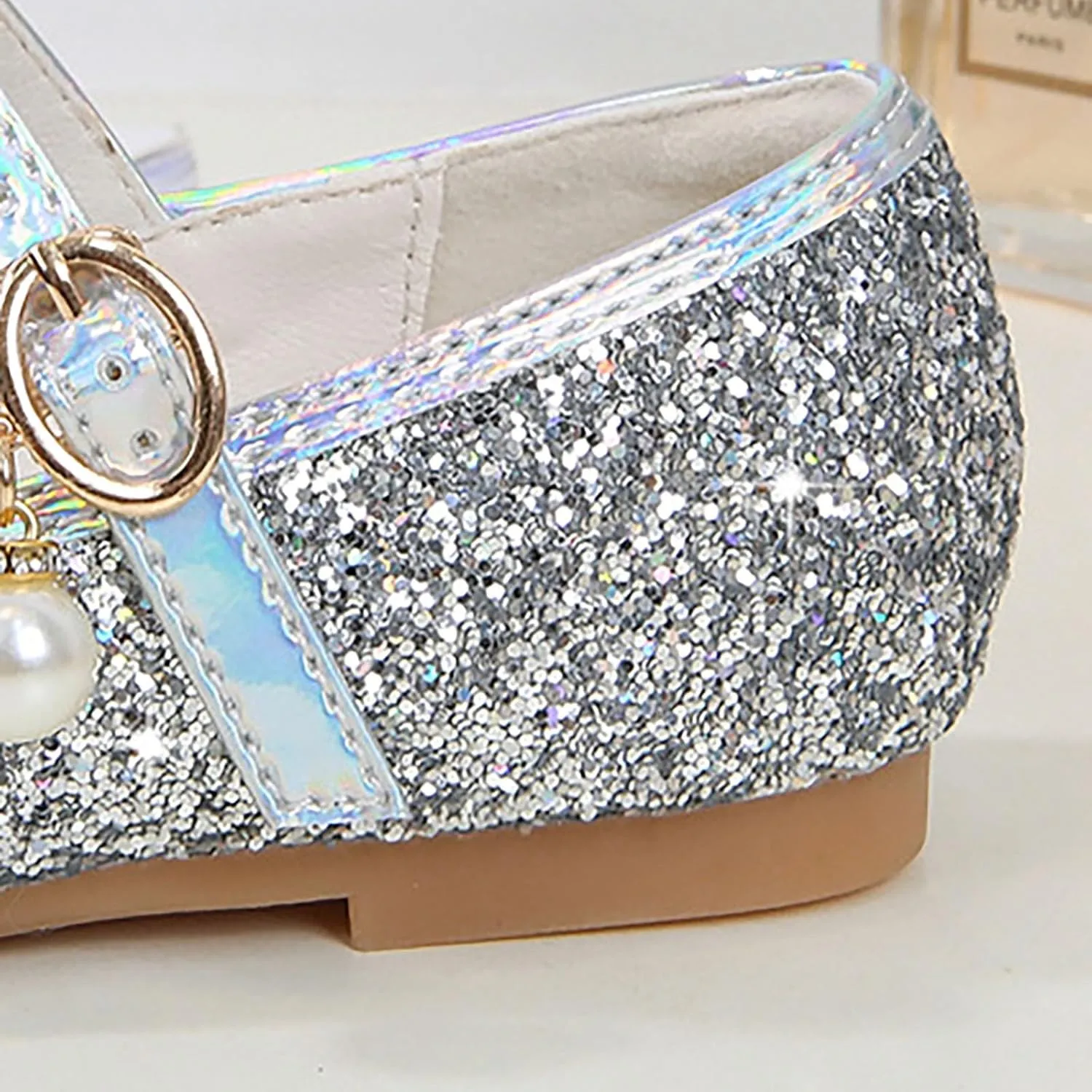 Big Kids Girls Glitter Sequins Mary Jane Shoes, Toddler Girls Flat Bottom Dress Shoes for Wedding Party Shoes