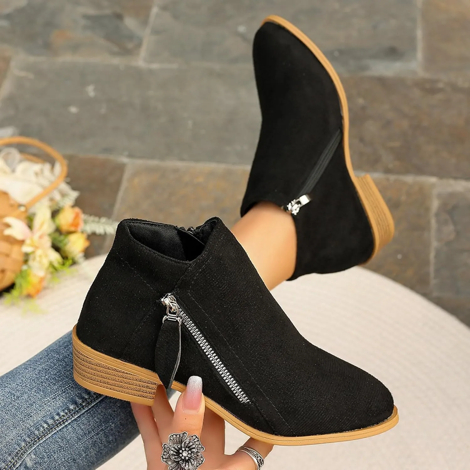 Boots for Women Ankle Booties Low Heel Suede Leather Dressy Slip on Comfort Fall Winter Short Boots Side Zipper Wide Width Booties for Women Ladies Boots