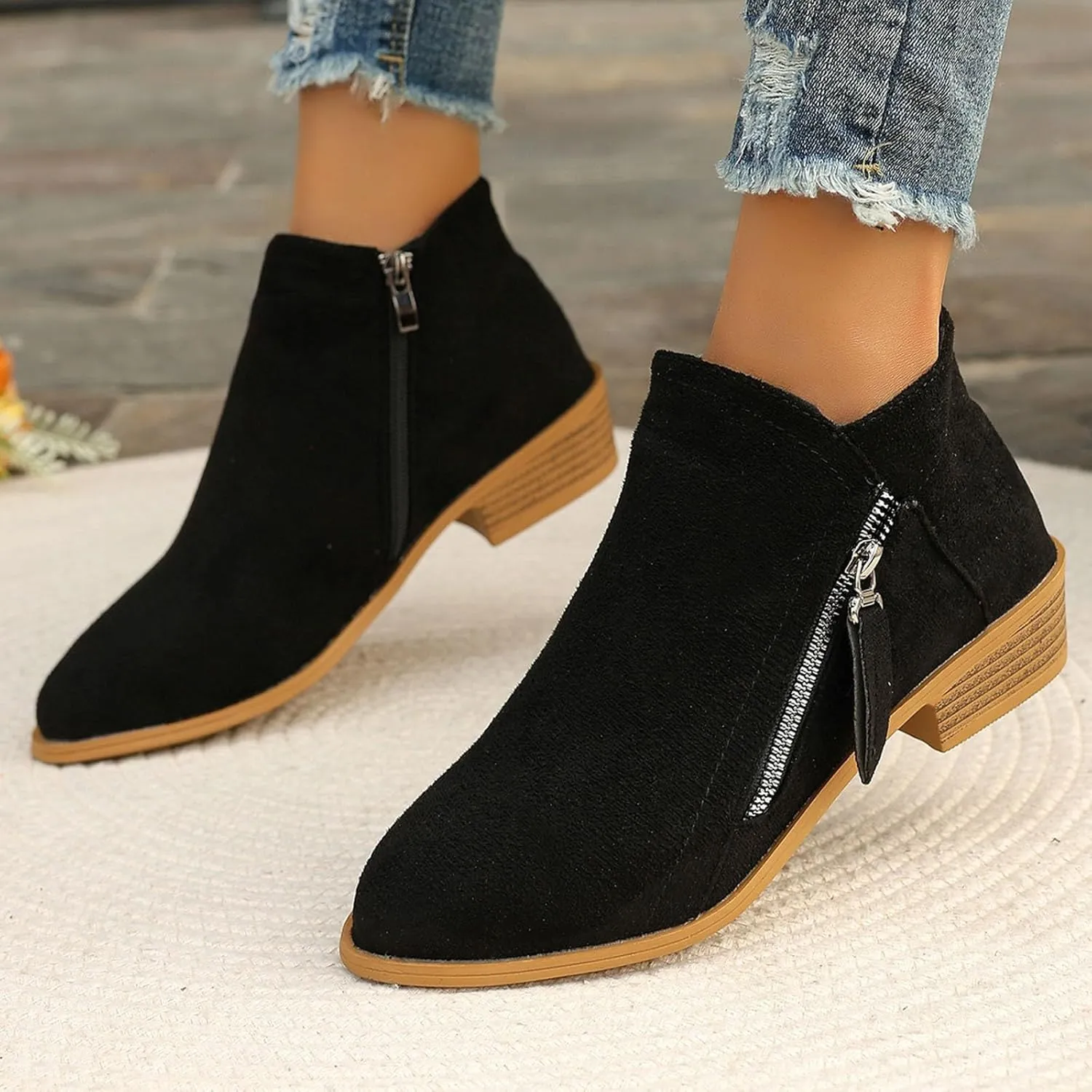 Boots for Women Ankle Booties Low Heel Suede Leather Dressy Slip on Comfort Fall Winter Short Boots Side Zipper Wide Width Booties for Women Ladies Boots