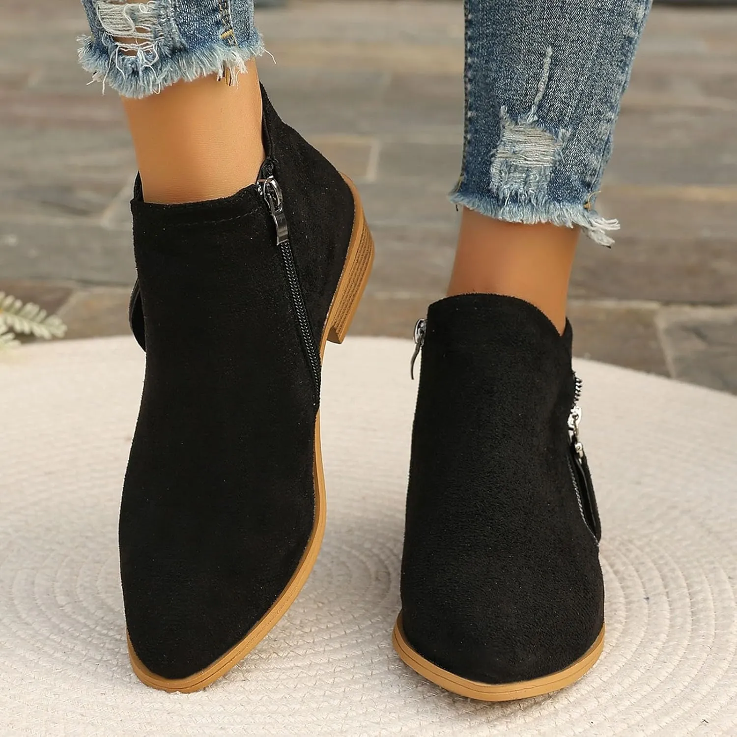Boots for Women Ankle Booties Low Heel Suede Leather Dressy Slip on Comfort Fall Winter Short Boots Side Zipper Wide Width Booties for Women Ladies Boots