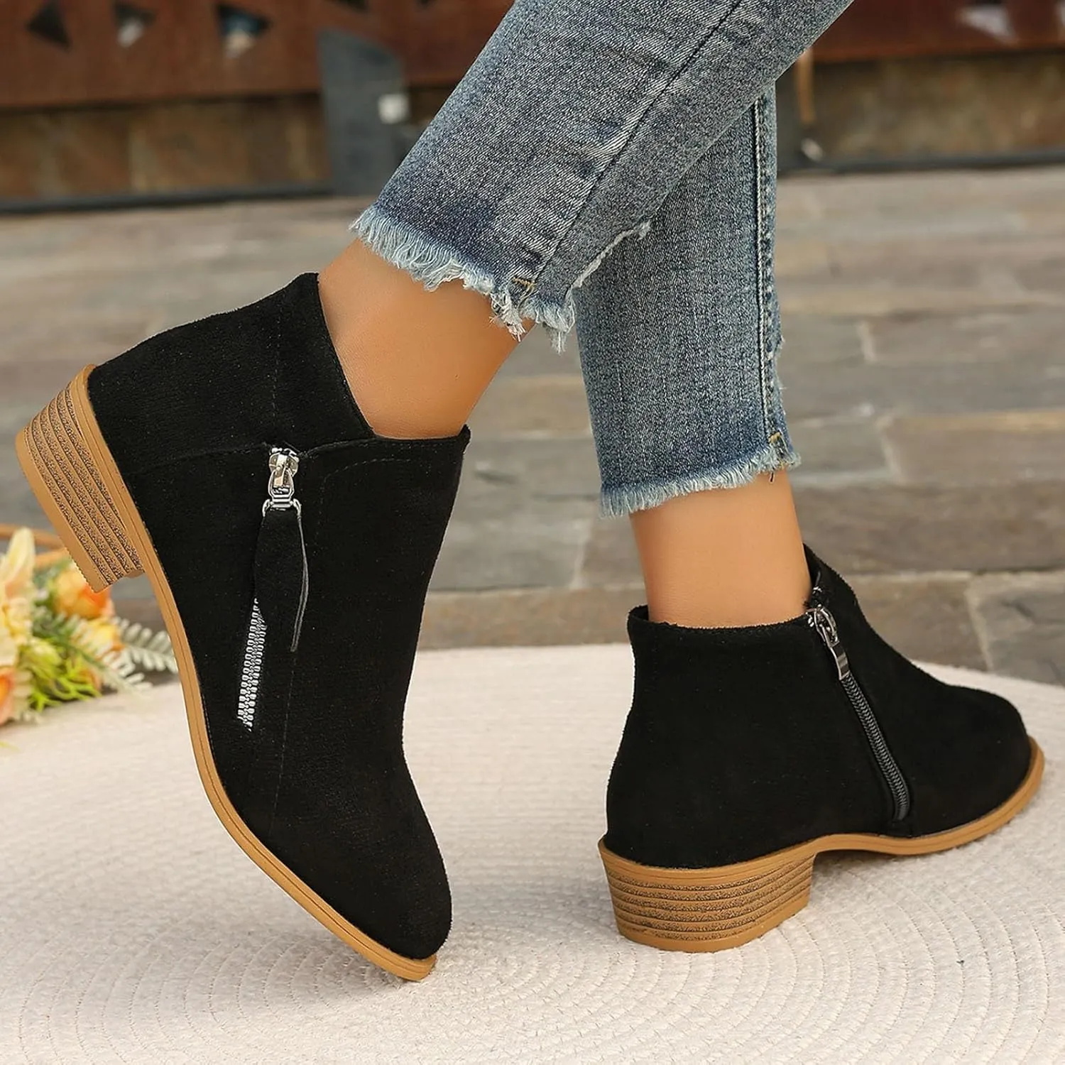 Boots for Women Ankle Booties Low Heel Suede Leather Dressy Slip on Comfort Fall Winter Short Boots Side Zipper Wide Width Booties for Women Ladies Boots