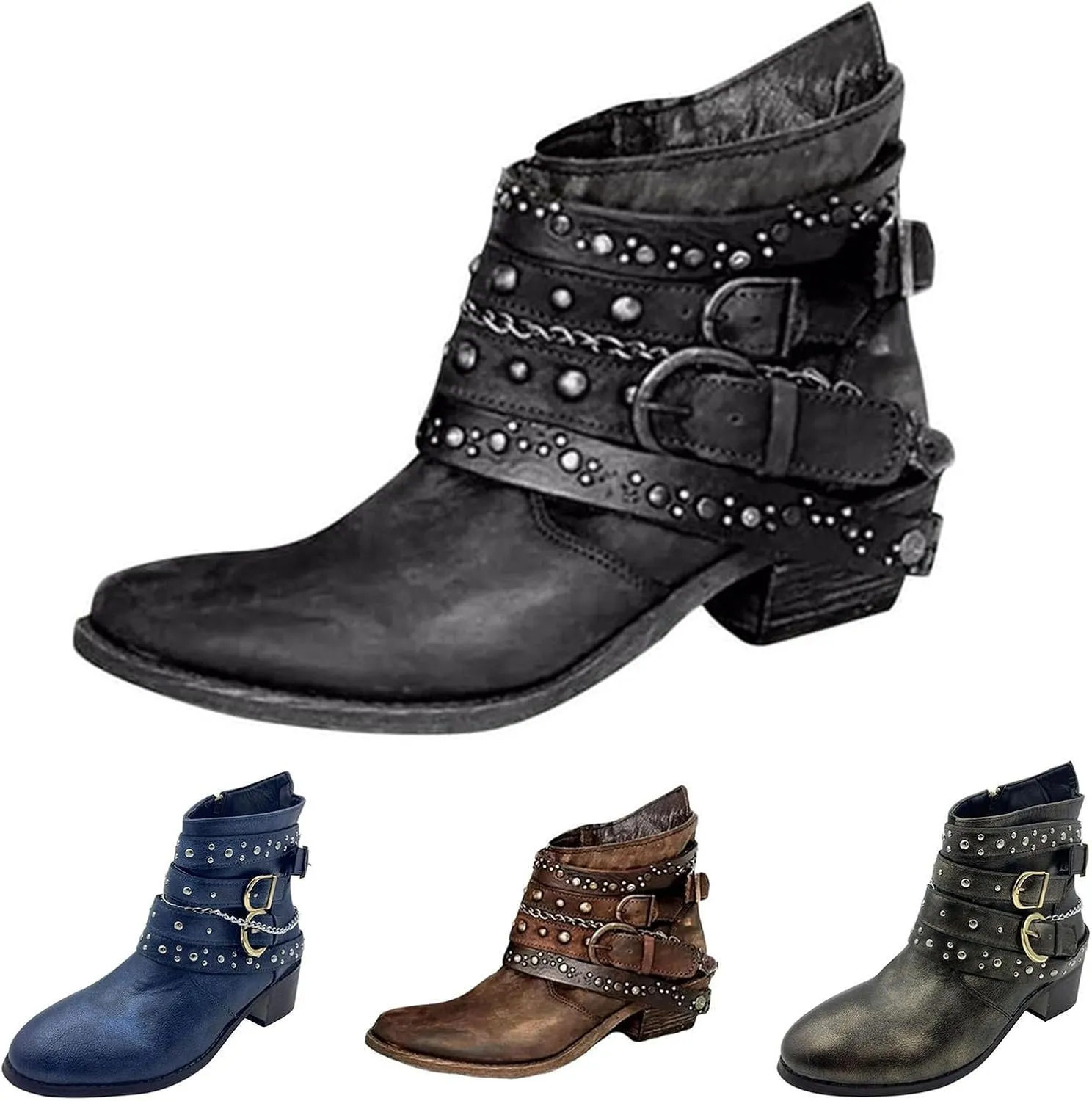 Boots for Women Ankle Womens Booties Black Womens Wide Boots Wide Width Steel Toe Shoes for Women Casual Round Head Pointed Toe Stacked Mid Heel