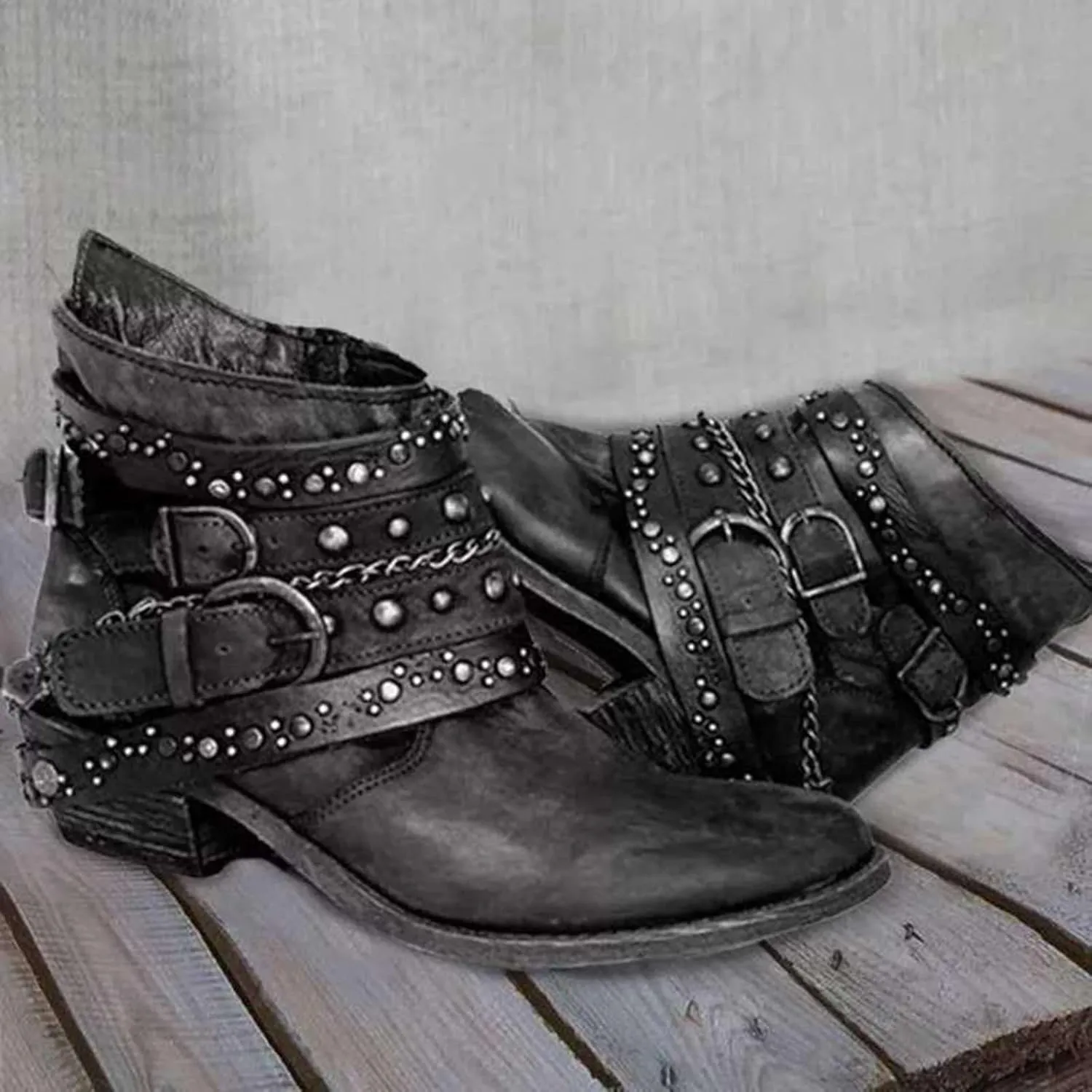 Boots for Women Ankle Womens Booties Black Womens Wide Boots Wide Width Steel Toe Shoes for Women Casual Round Head Pointed Toe Stacked Mid Heel
