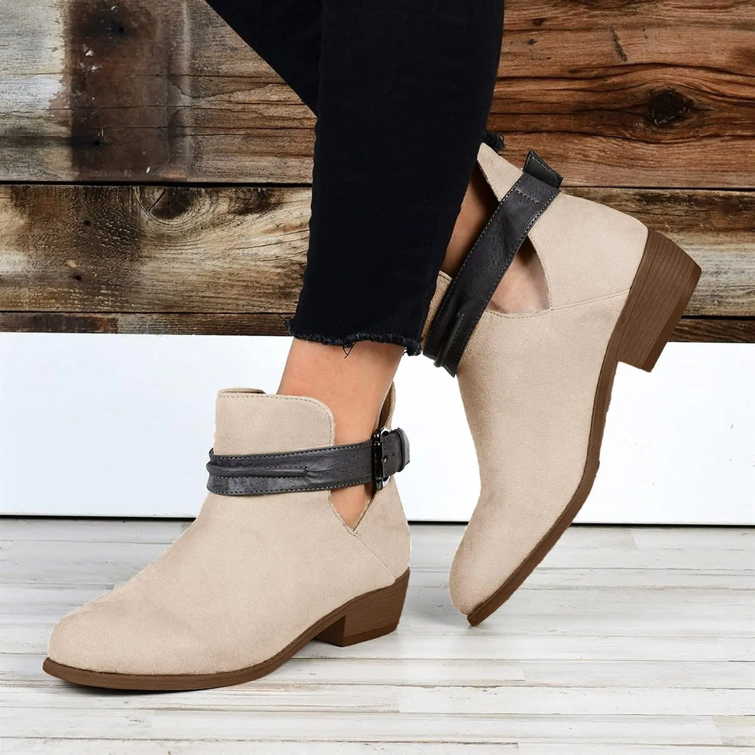Boots for Women Low Heel Mid Calf Boots Block Chunky Heel Pointed Toe Military Zipper Motorcycle Cowboy Ankle Booties 52