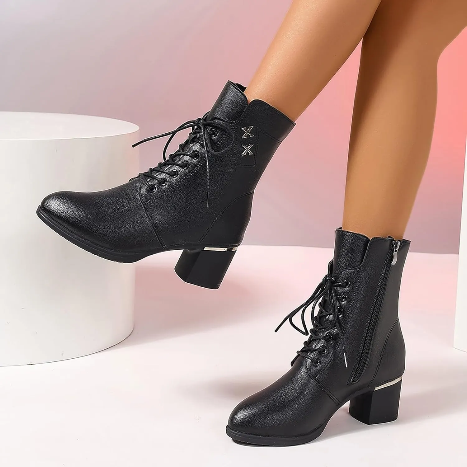 Boots Women Wide Ankle Boots for Women Gold Booties for Women Black Heels for Women Chunky Heel Womens Booties and Ankle Boots Leather Low Heel Ankle Boot