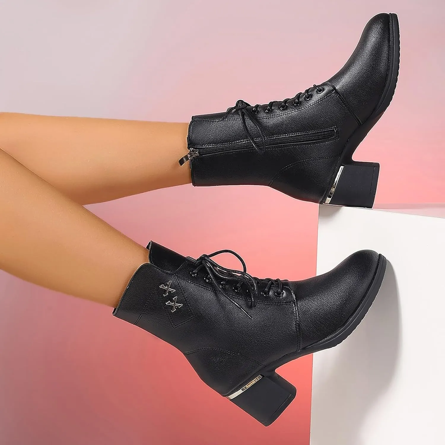 Boots Women Wide Ankle Boots for Women Gold Booties for Women Black Heels for Women Chunky Heel Womens Booties and Ankle Boots Leather Low Heel Ankle Boot
