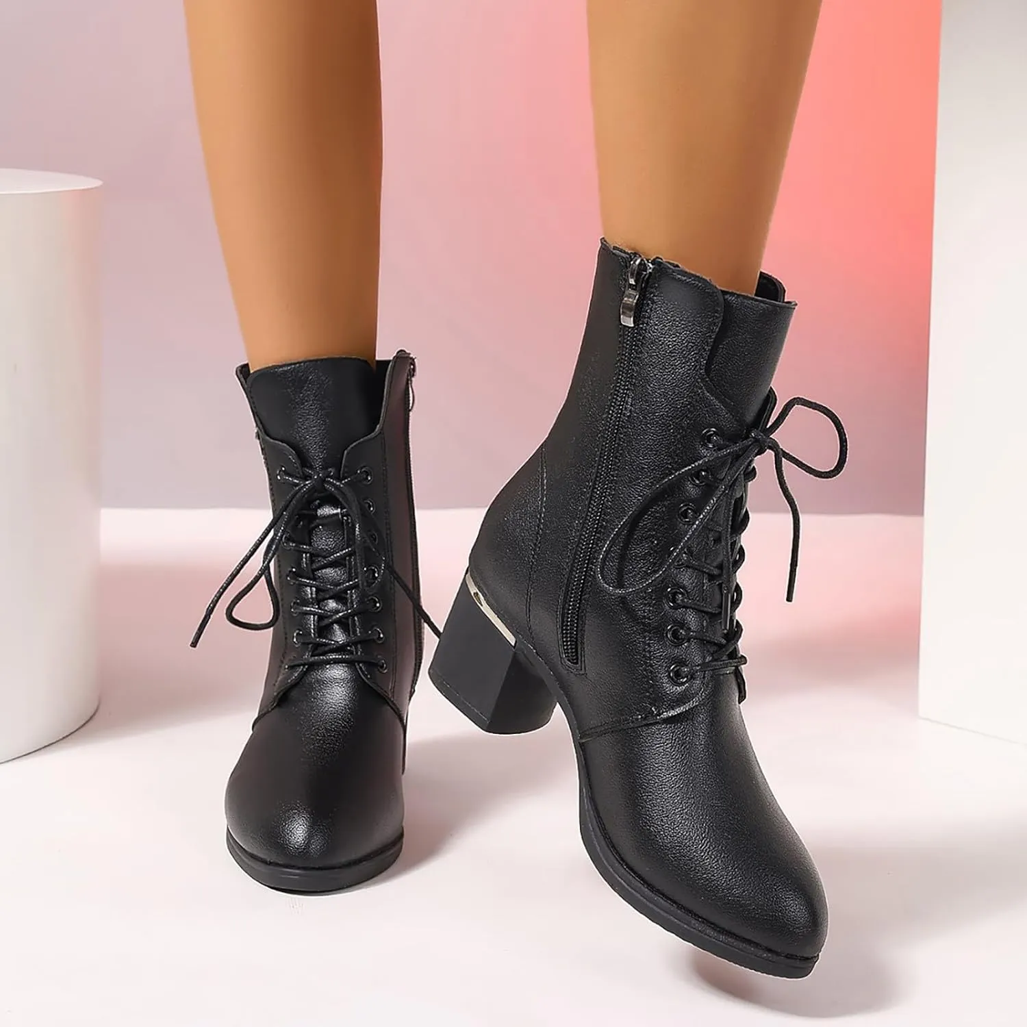 Boots Women Wide Ankle Boots for Women Gold Booties for Women Black Heels for Women Chunky Heel Womens Booties and Ankle Boots Leather Low Heel Ankle Boot