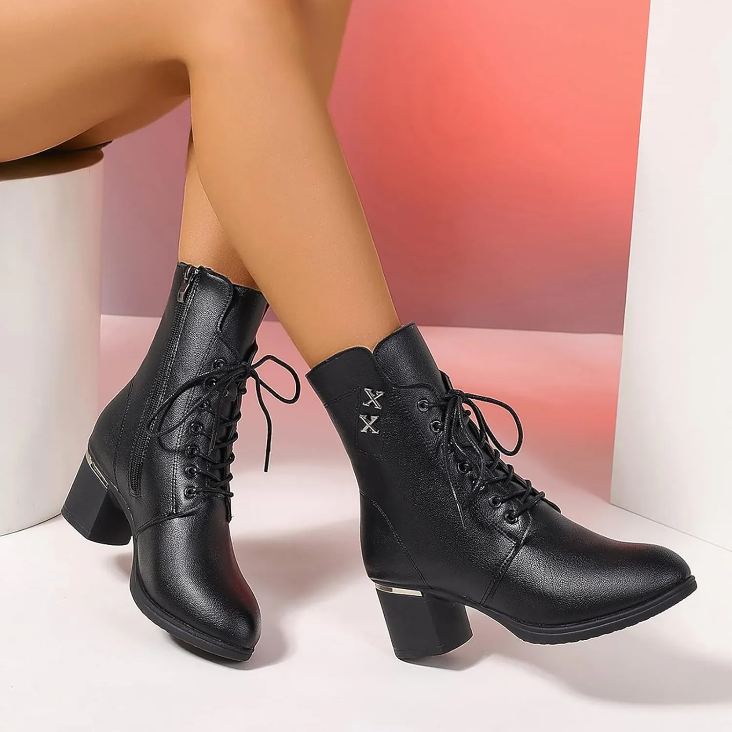 Boots Women Wide Ankle Boots for Women Gold Booties for Women Black Heels for Women Chunky Heel Womens Booties and Ankle Boots Leather Low Heel Ankle Boot