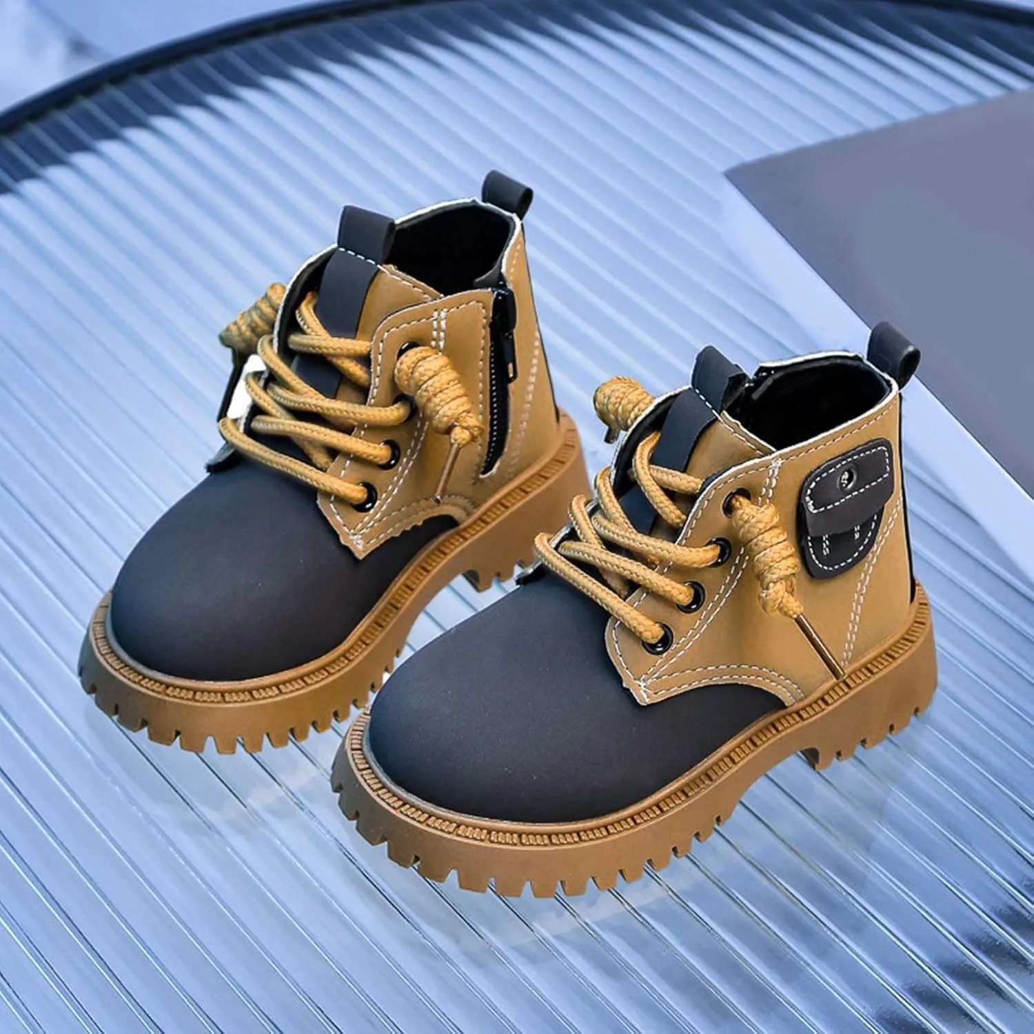Boys Ankle Boots Lace Up Side Zipper Combat Boots Fuax Leather Short Military Boots Lug Sole (Little Kid/Big Kids)