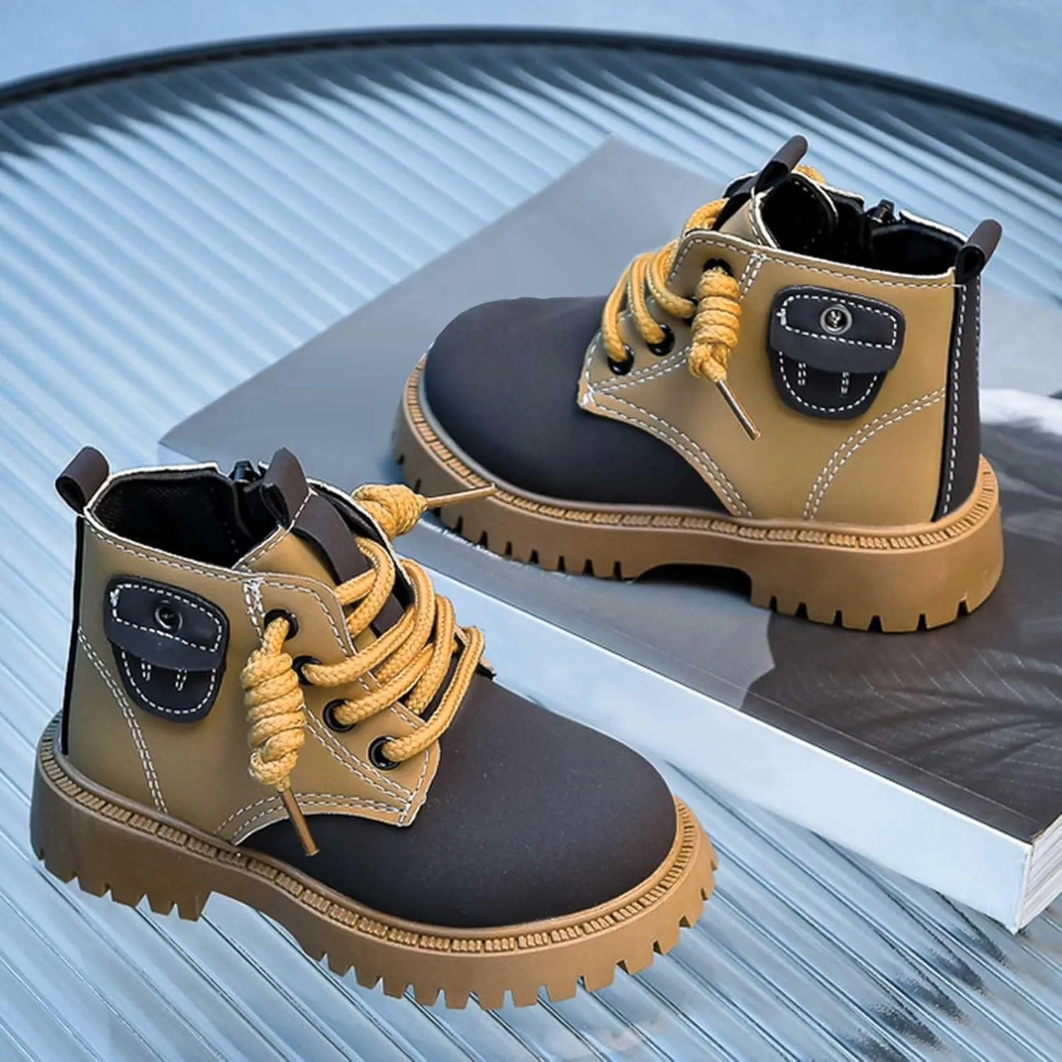 Boys Ankle Boots Lace Up Side Zipper Combat Boots Fuax Leather Short Military Boots Lug Sole (Little Kid/Big Kids)