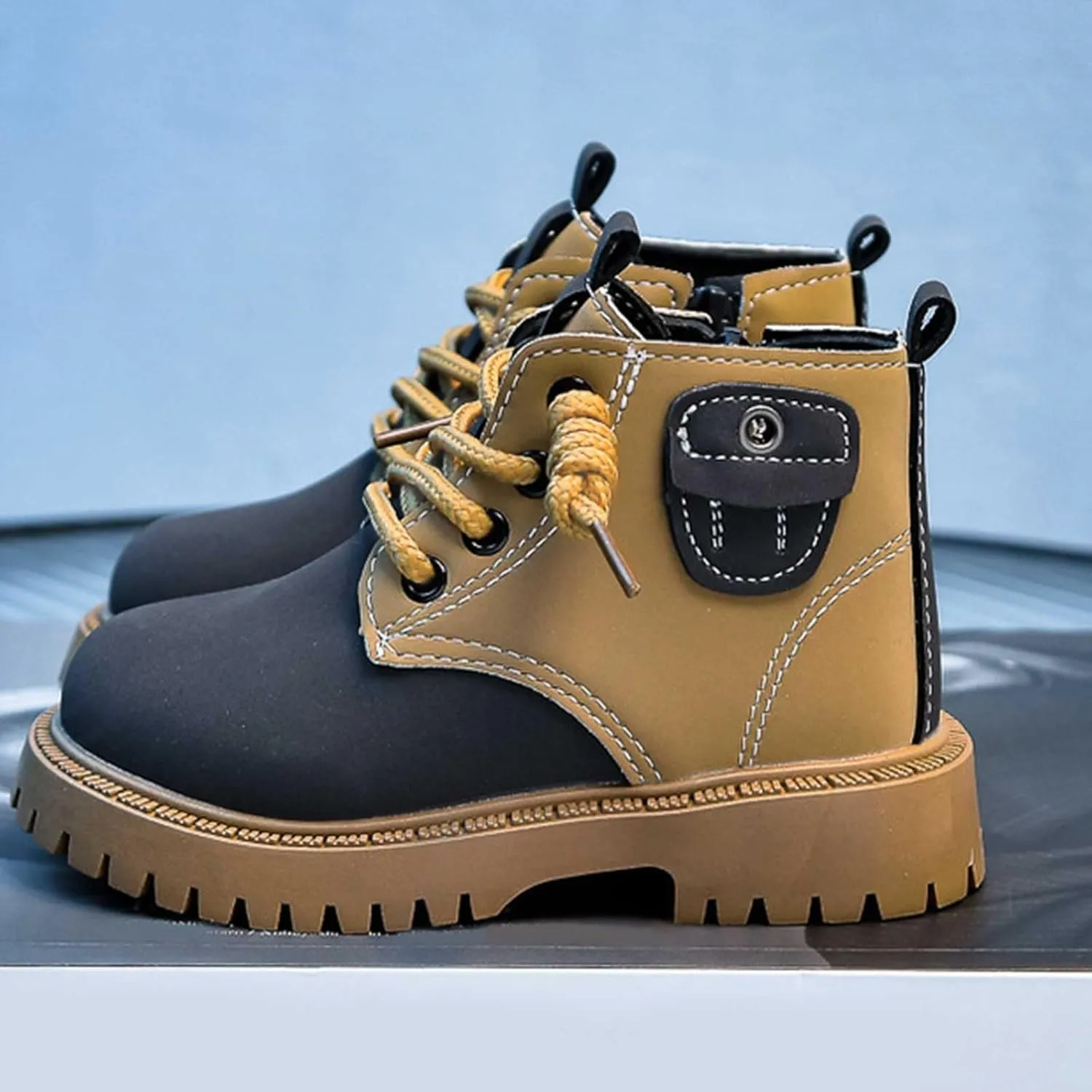 Boys Ankle Boots Lace Up Side Zipper Combat Boots Fuax Leather Short Military Boots Lug Sole (Little Kid/Big Kids)