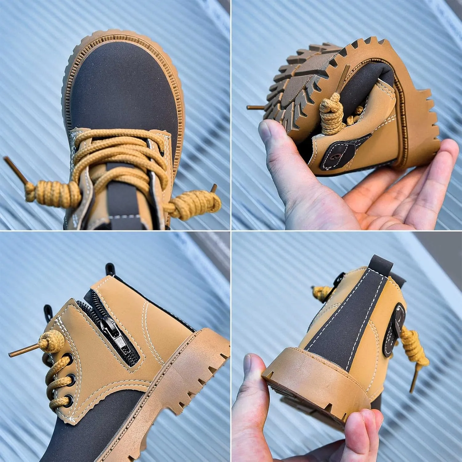 Boys Ankle Boots Lace Up Side Zipper Combat Boots Fuax Leather Short Military Boots Lug Sole (Little Kid/Big Kids)
