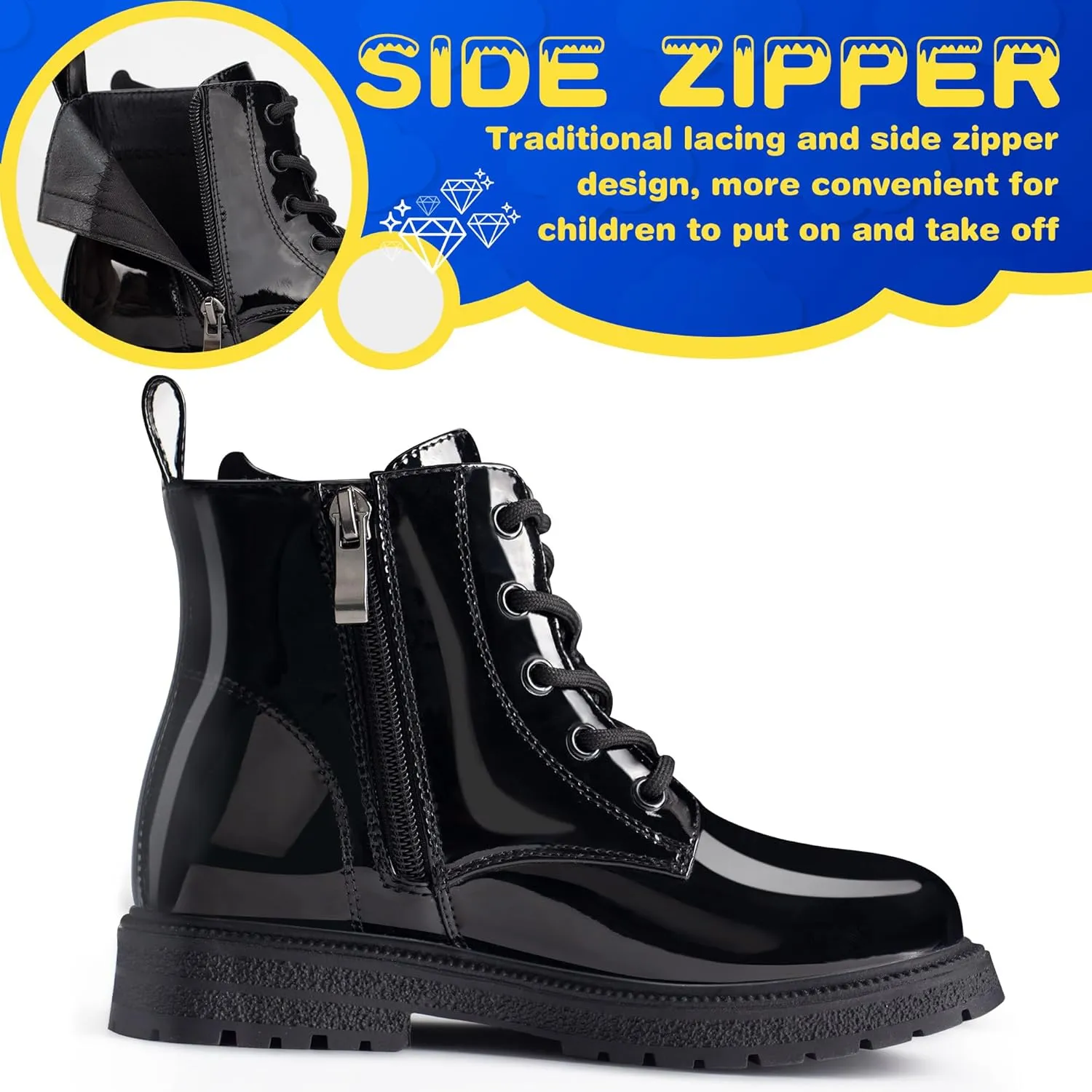 Boys Girls Combat Boots Fashion Rhinestone Wings Side Zipper Waterproof Comfortable Dress Combat Boots