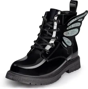 Boys Girls Combat Boots Fashion Rhinestone Wings Side Zipper Waterproof Comfortable Dress Combat Boots